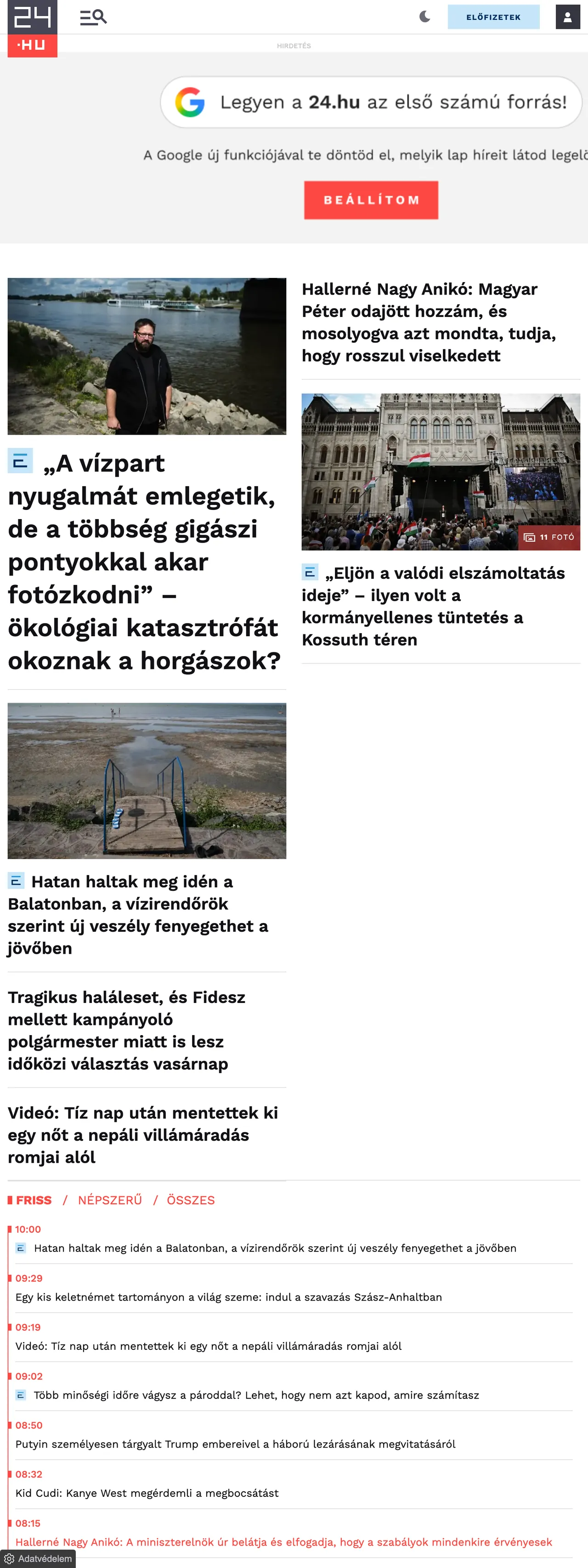 Screenshot of the 24.hu front page