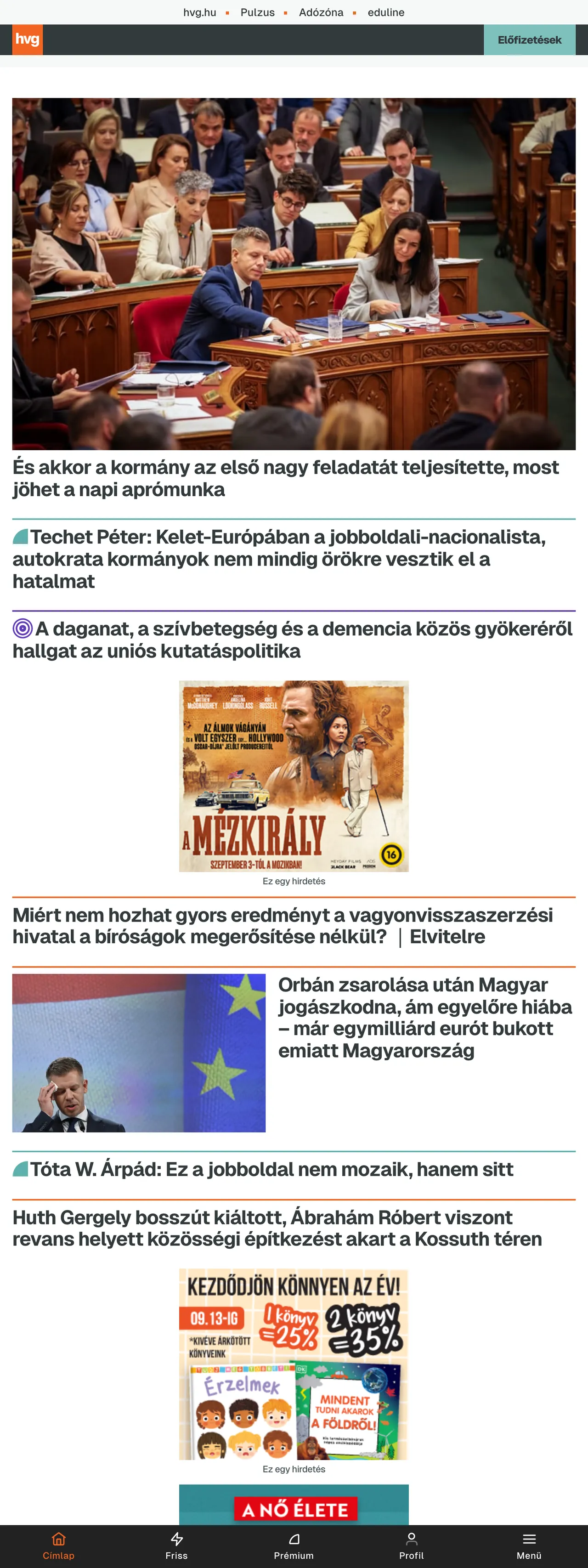 Screenshot of the HVG front page