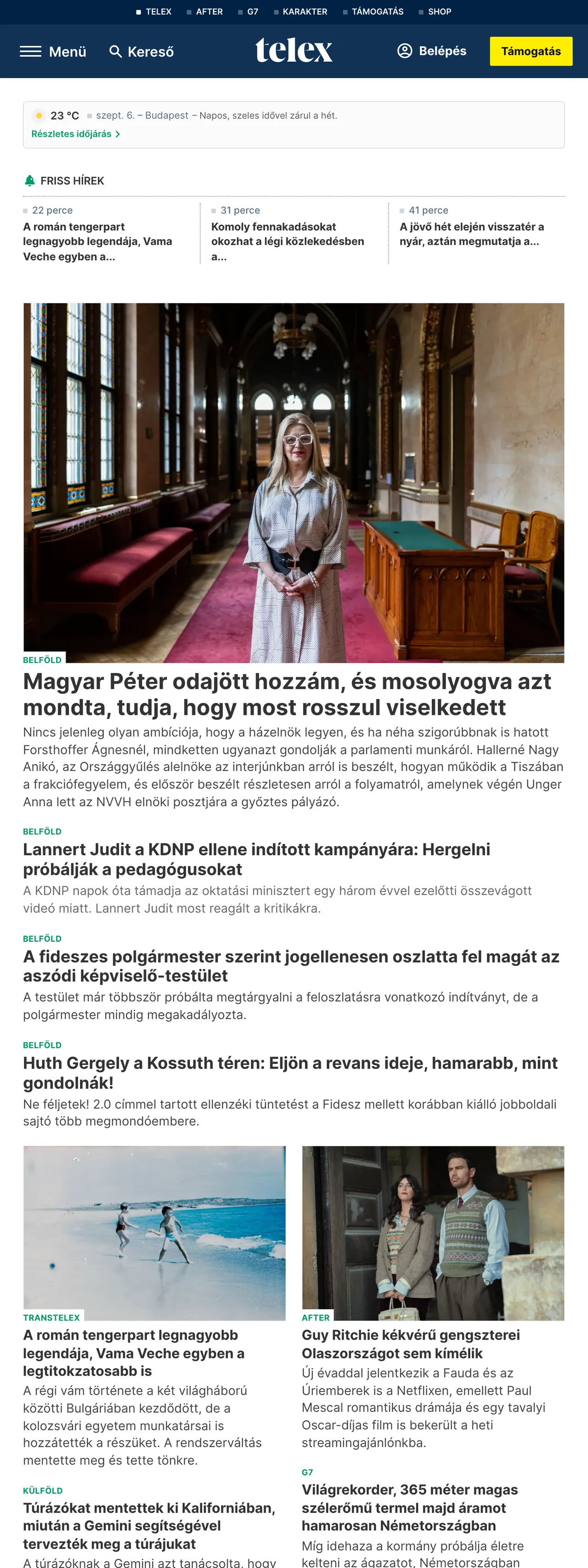 Screenshot of the Telex front page
