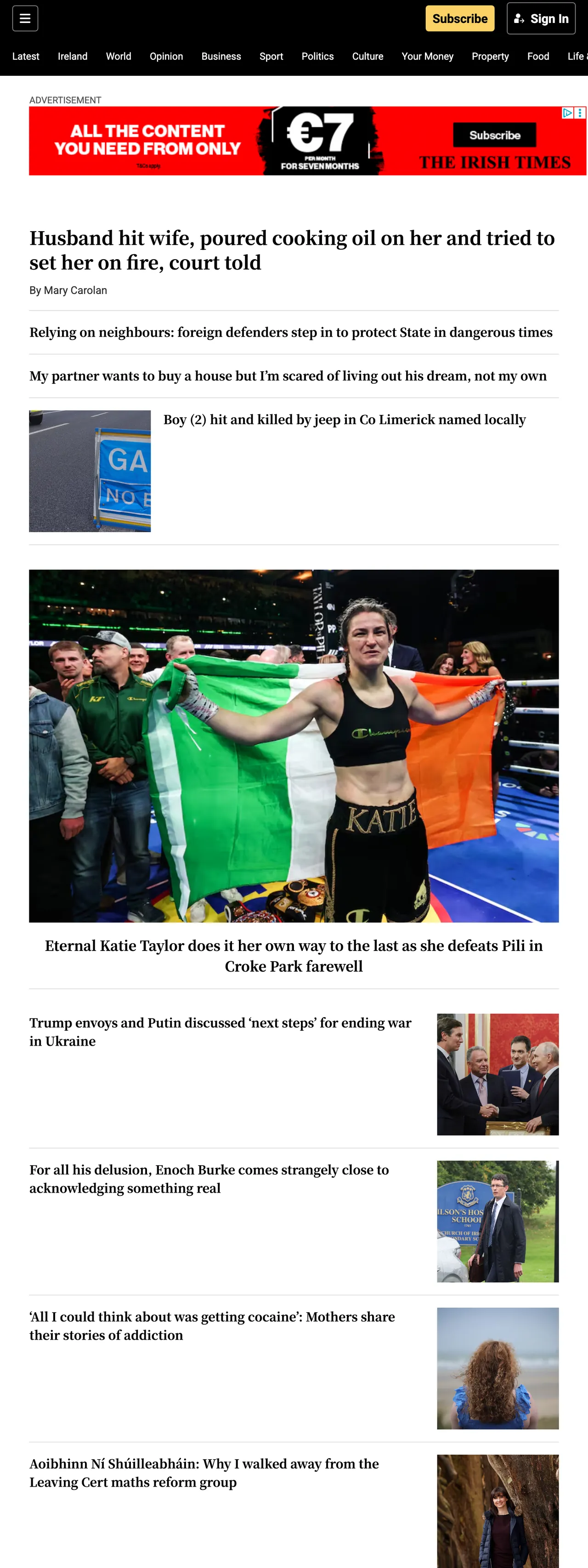 Screenshot of the The Irish Times front page