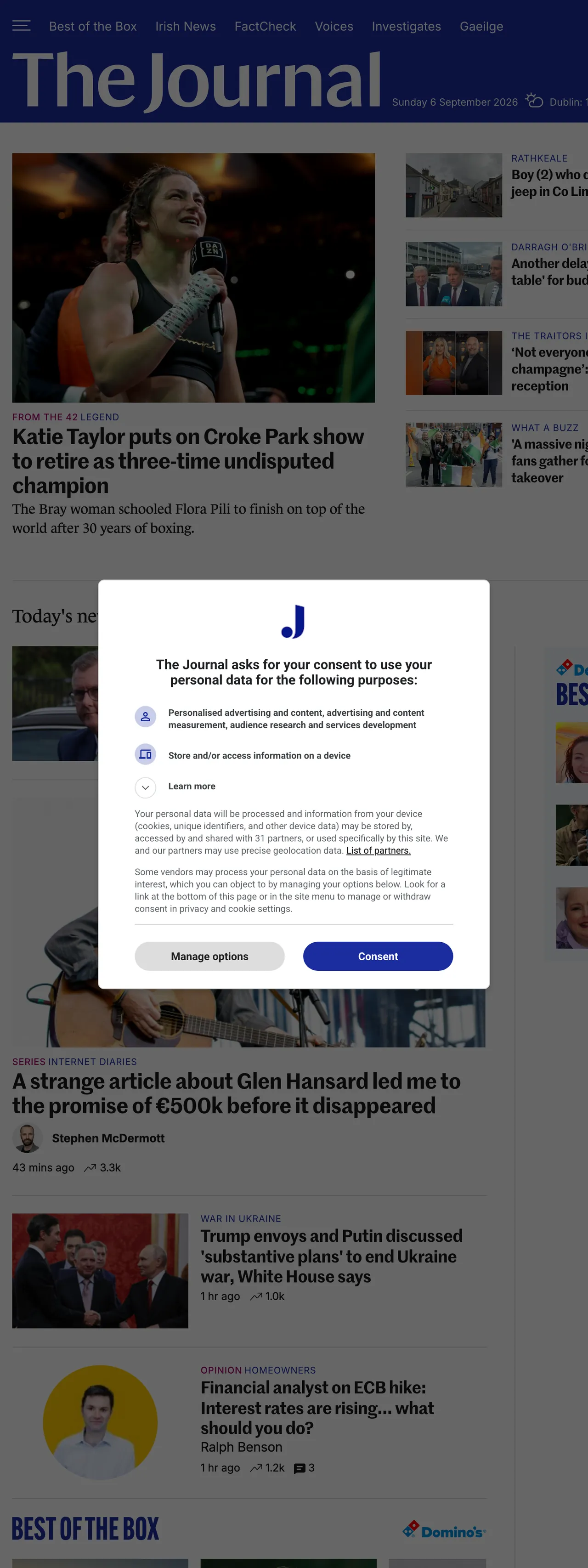 Screenshot of the TheJournal.ie front page