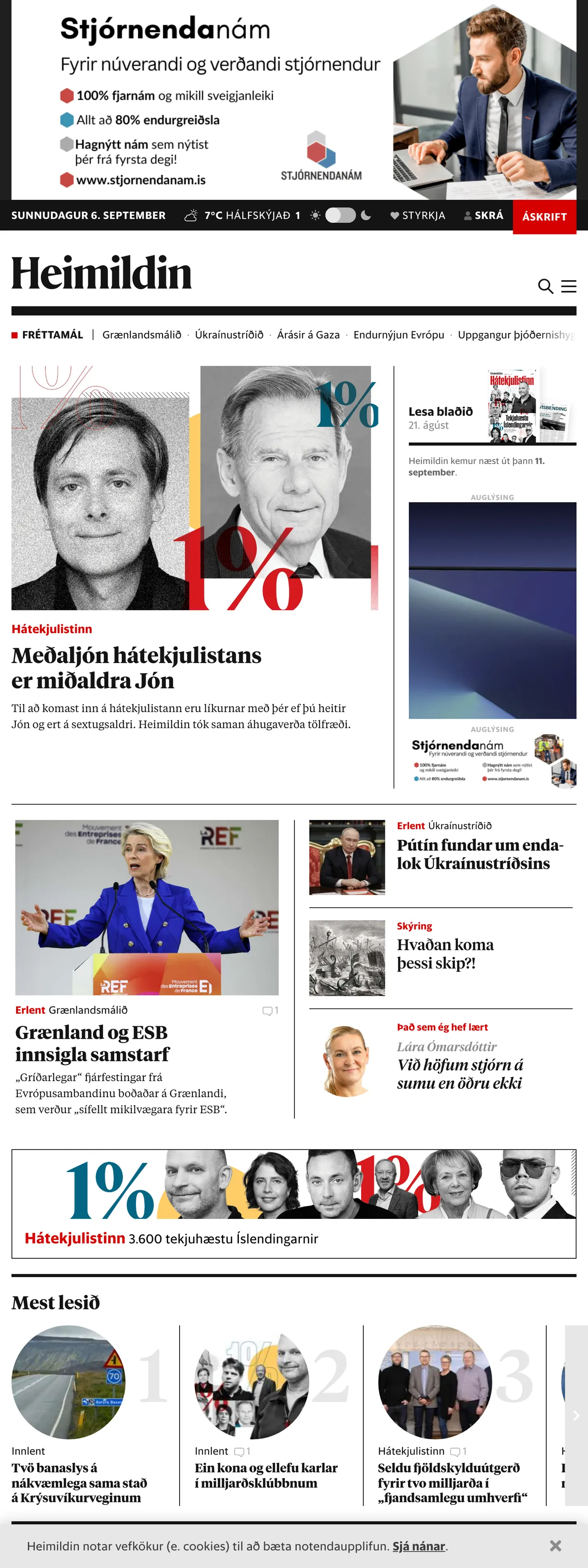 Screenshot of the Heimildin front page