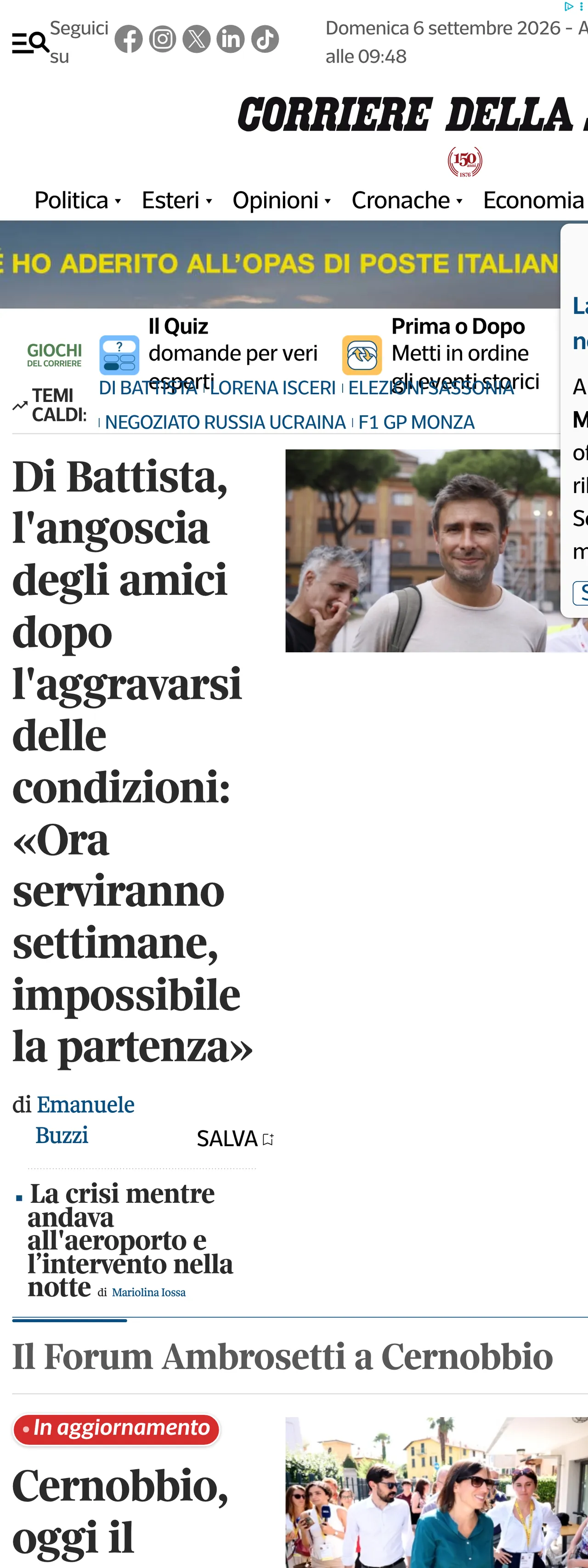 Screenshot of the Corriere della Sera front page