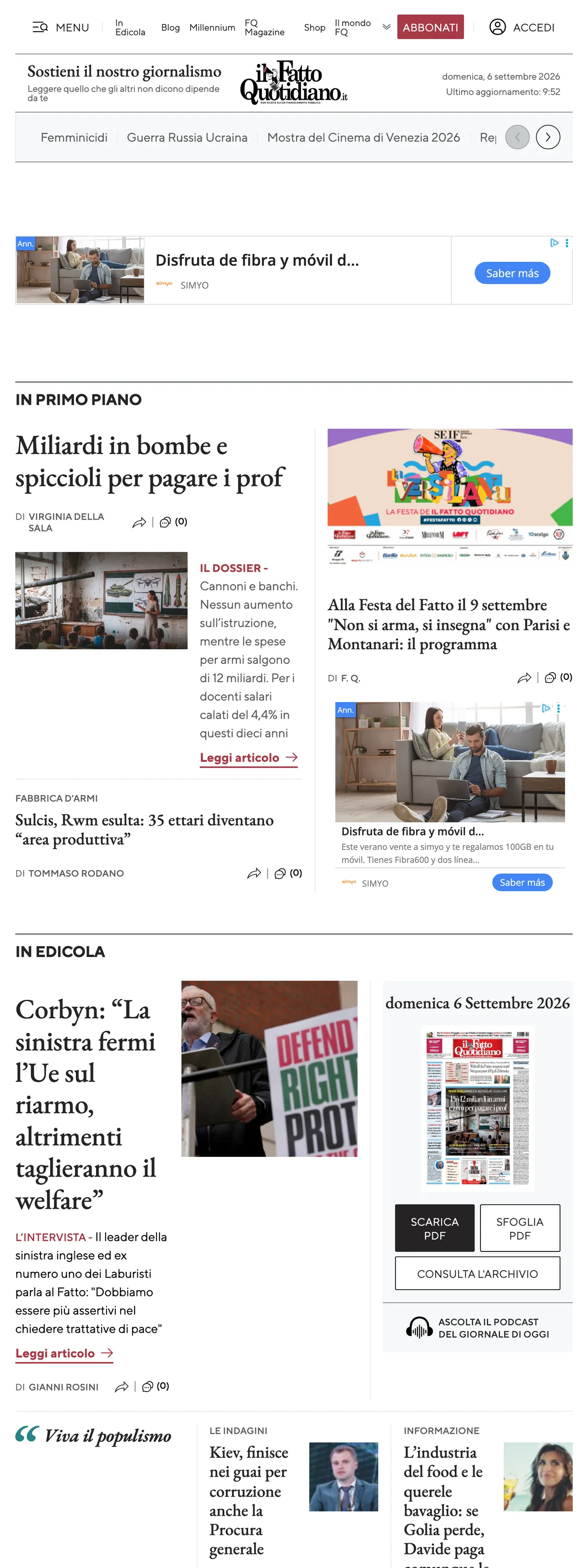 Screenshot of the Il Fatto Quotidiano front page