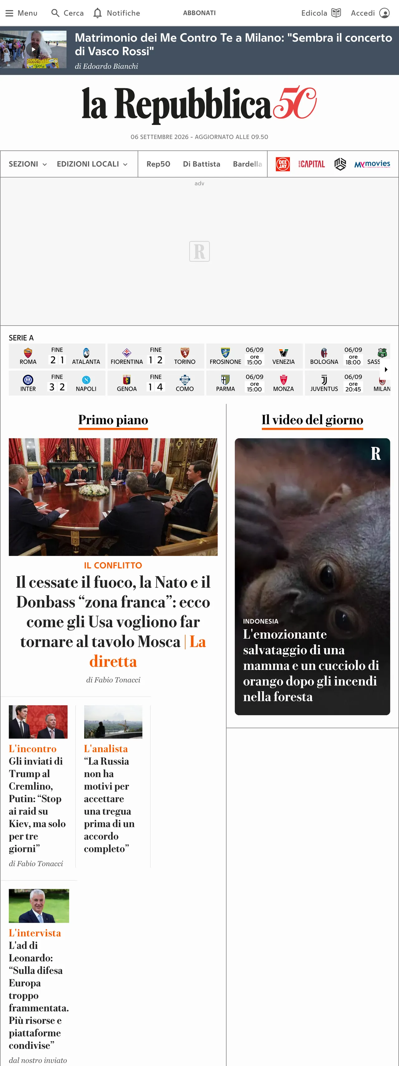Screenshot of the la Repubblica front page