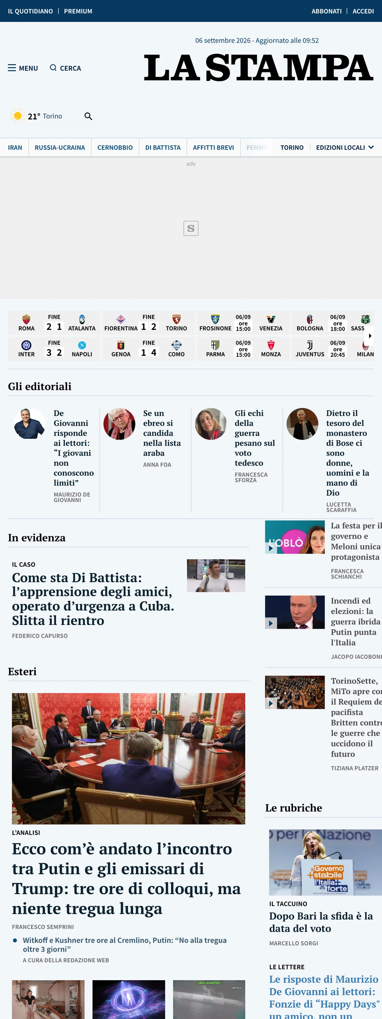Screenshot of the La Stampa front page