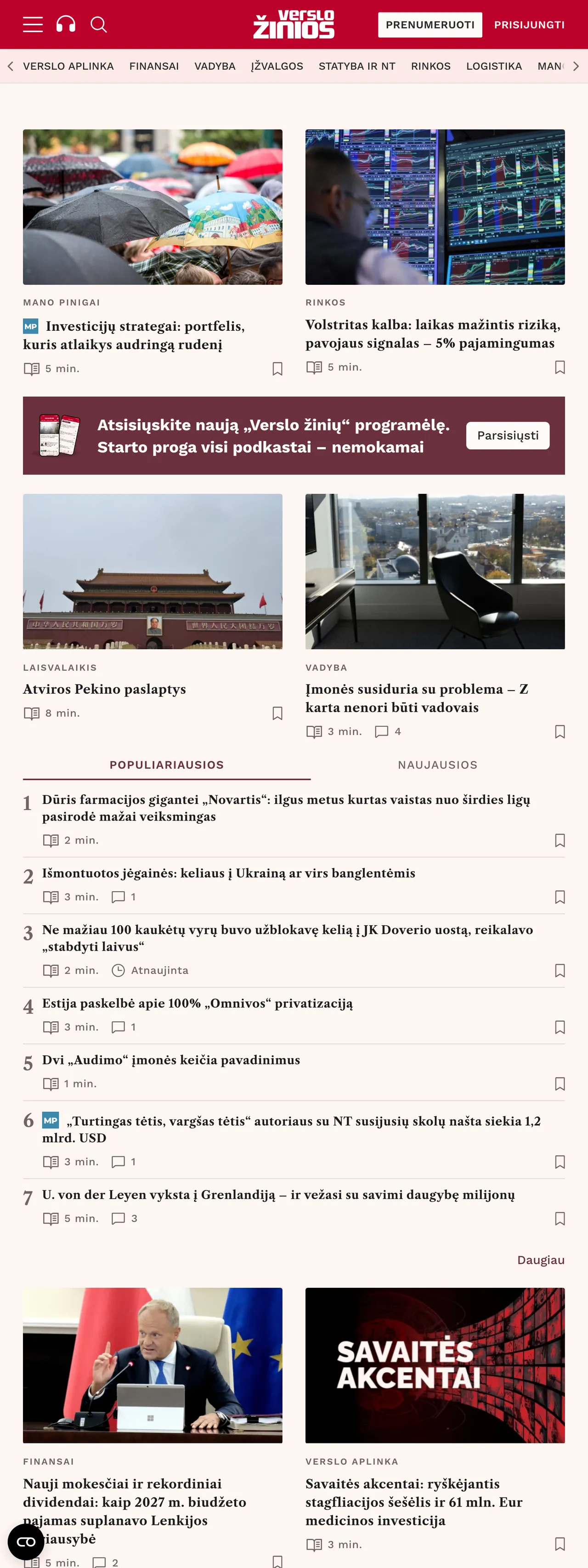 Screenshot of the Verslo žinios front page