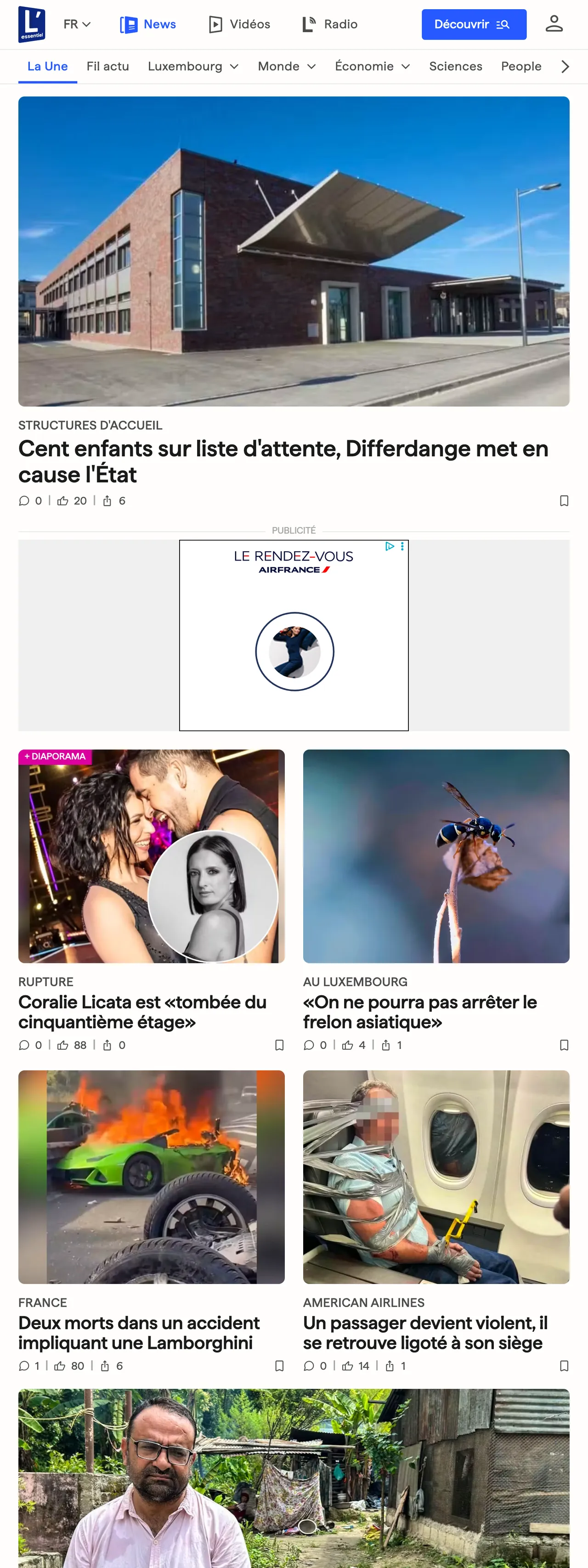 Screenshot of the L'essentiel front page