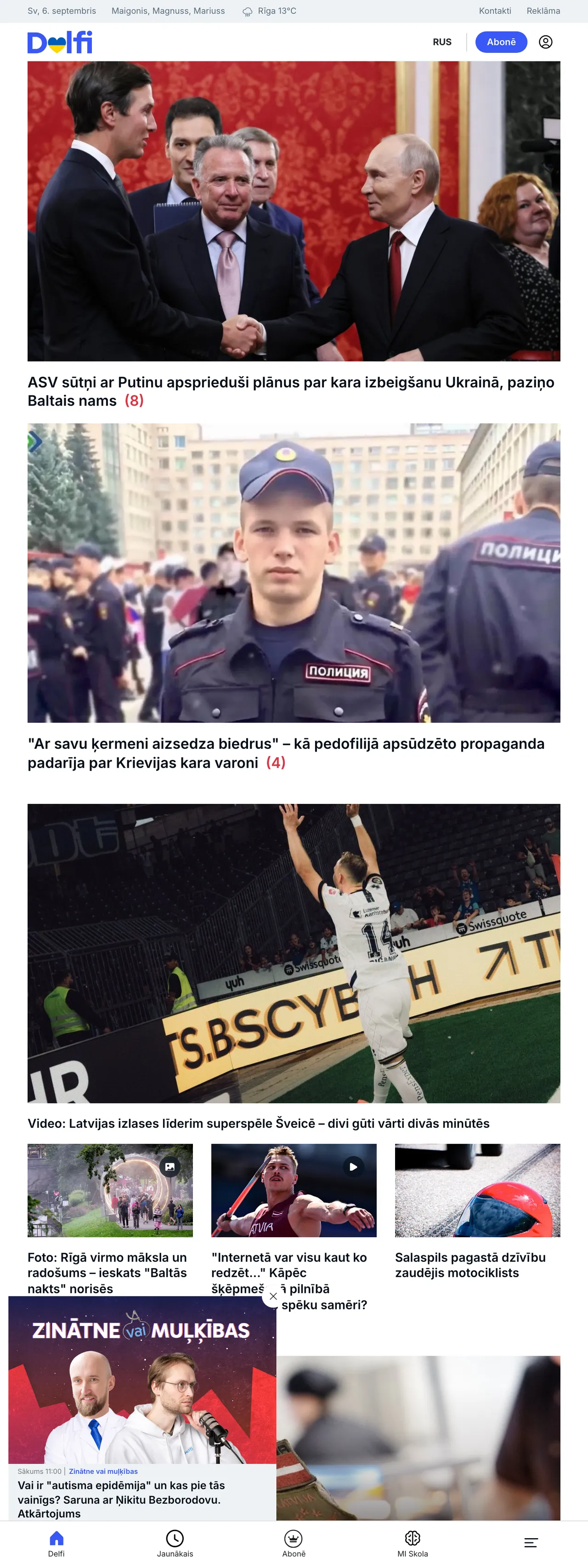 Screenshot of the Delfi front page