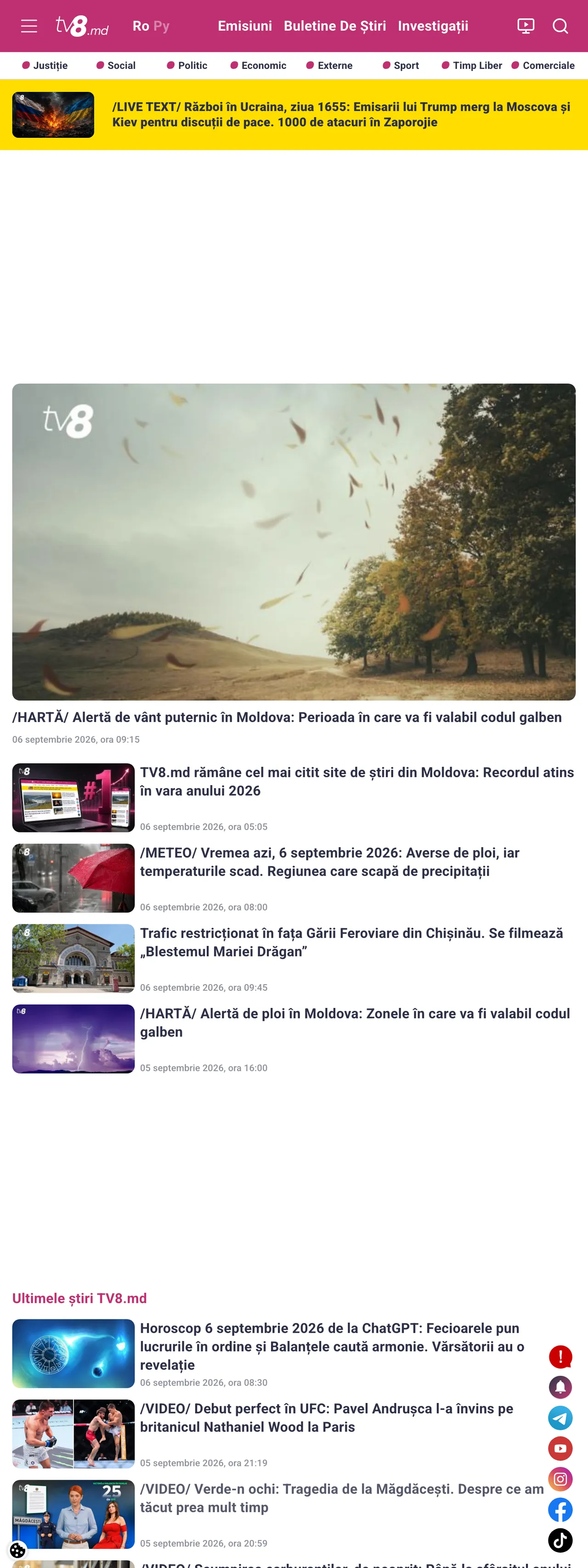 Screenshot of the TV8 front page