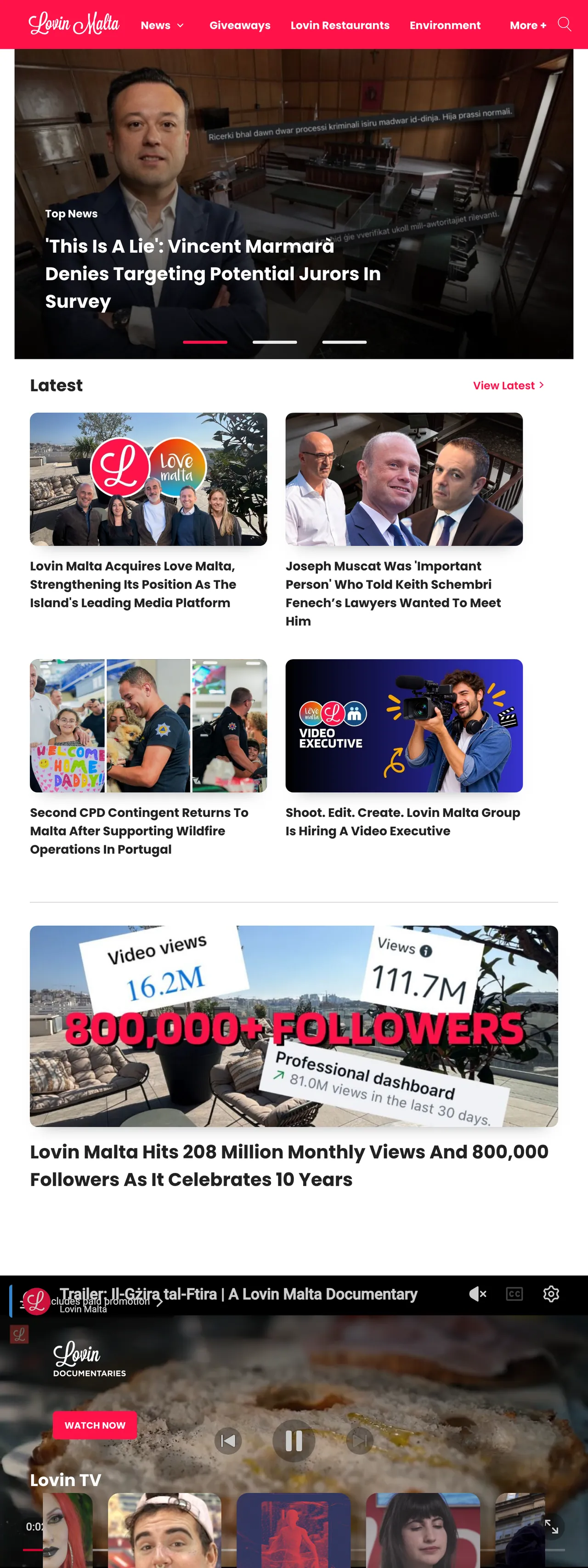 Screenshot of the Lovin Malta front page