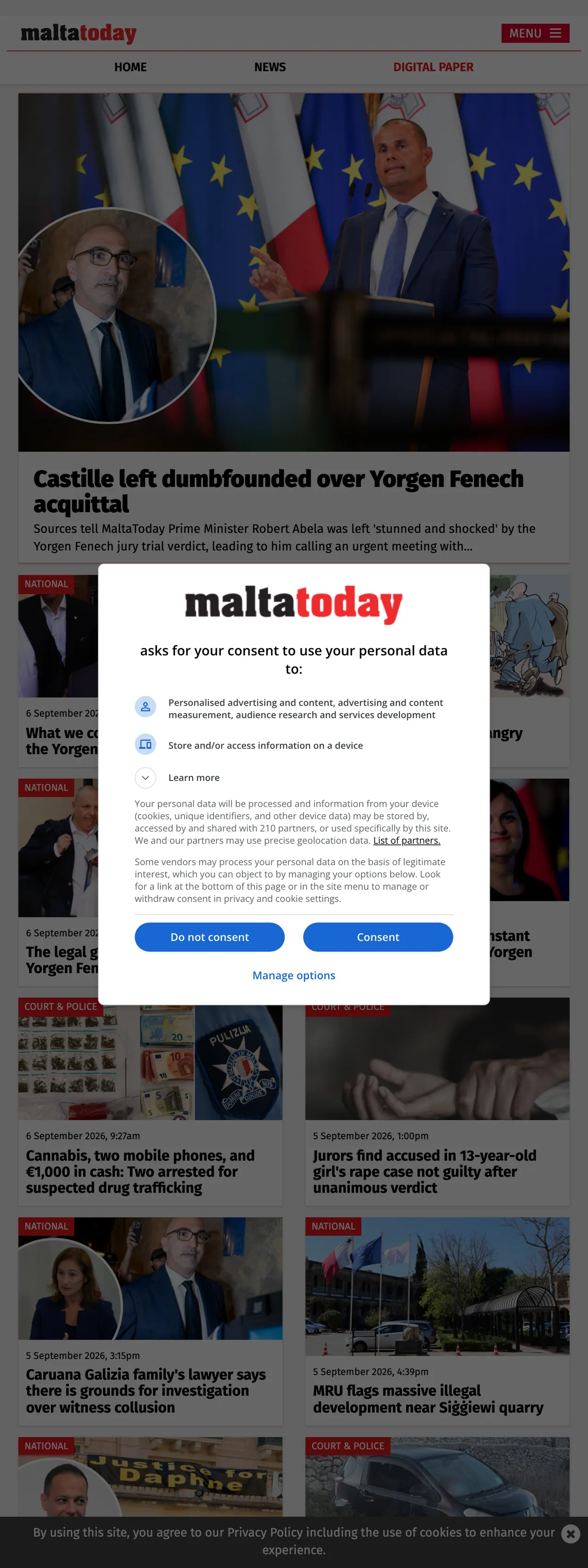 Screenshot of the Malta Today front page