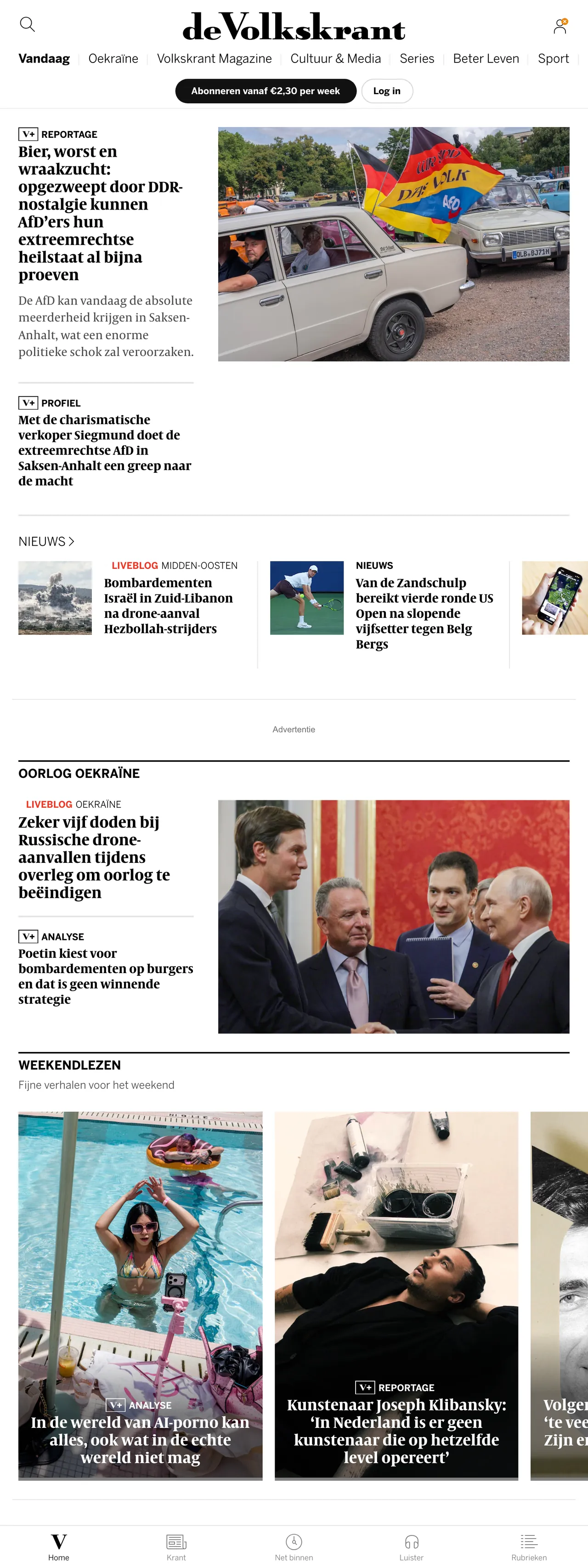 Screenshot of the de Volkskrant front page