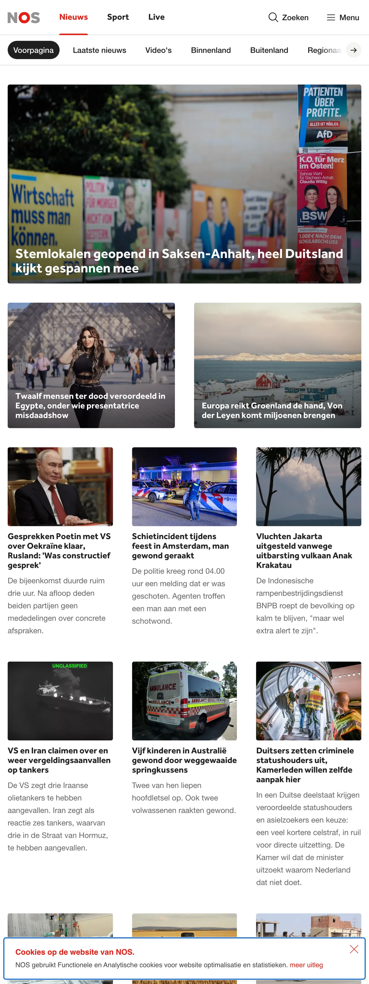 Screenshot of the NOS front page