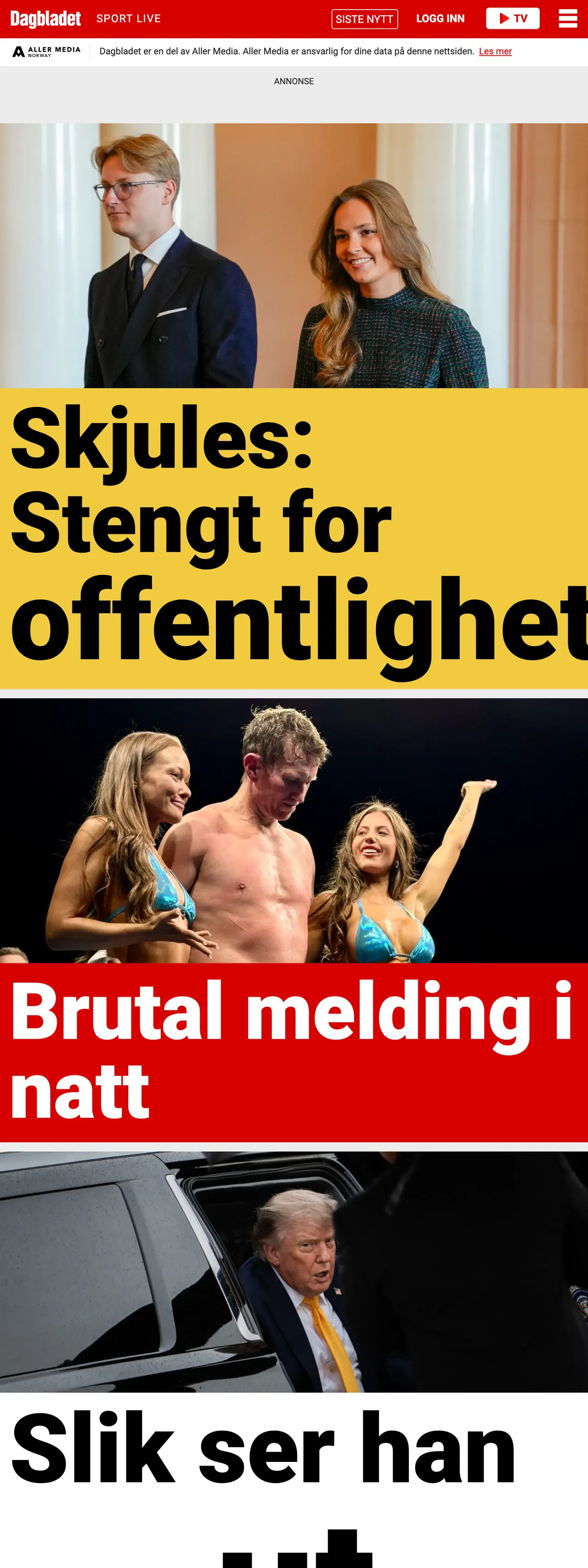 Screenshot of the Dagbladet front page