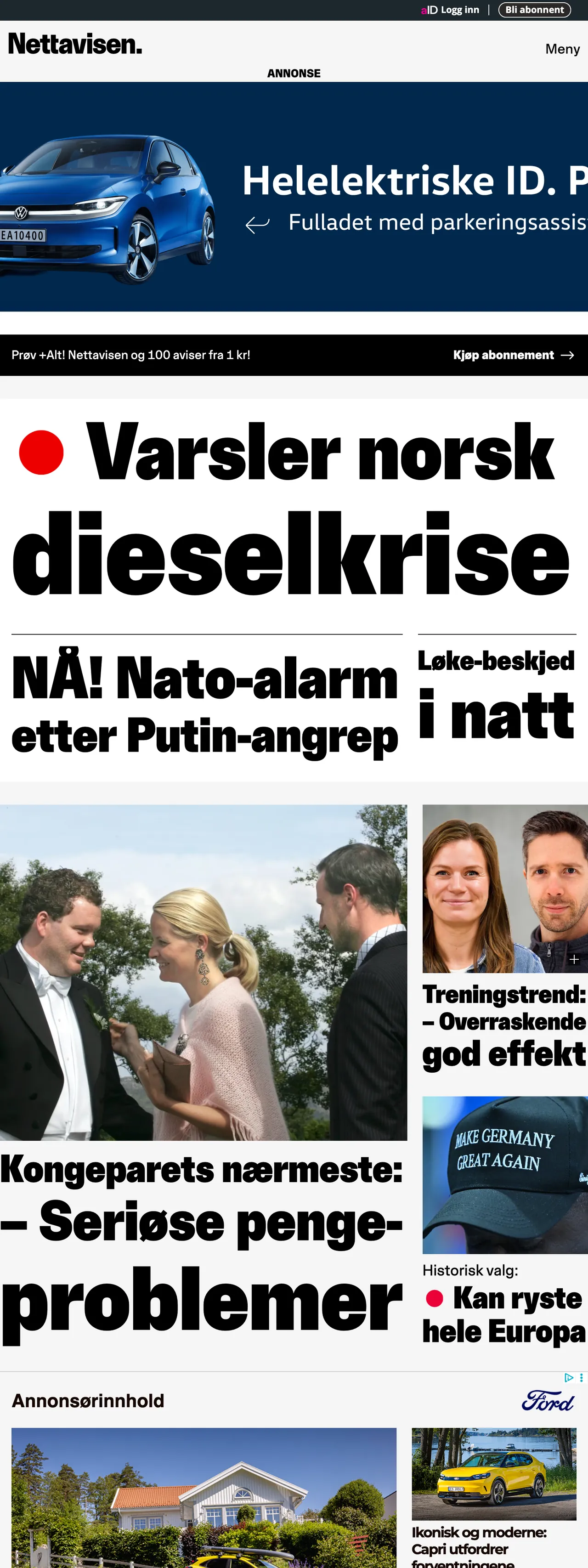 Screenshot of the Nettavisen front page