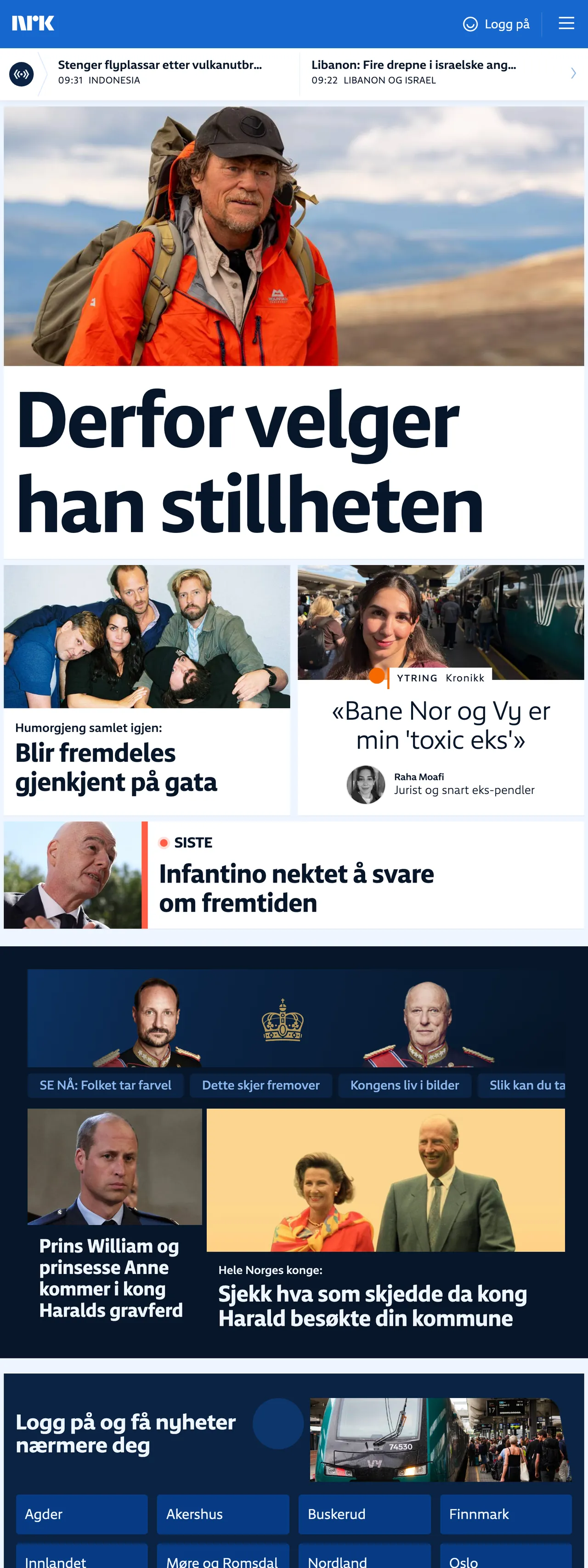 Screenshot of the NRK front page