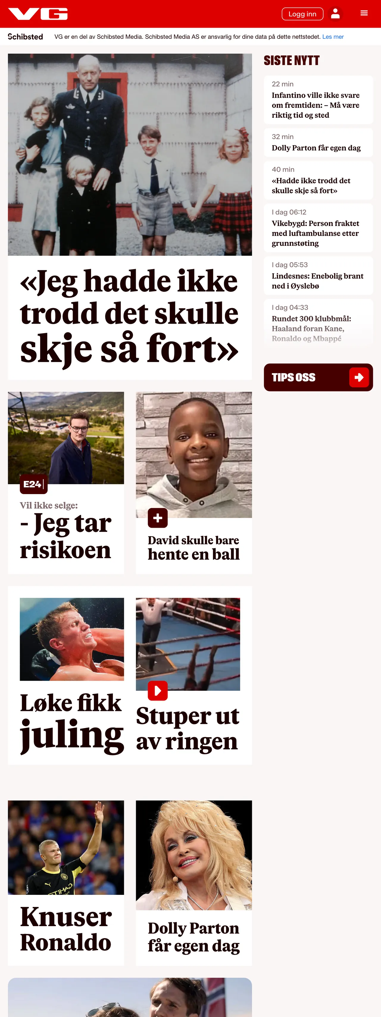 Screenshot of the VG front page