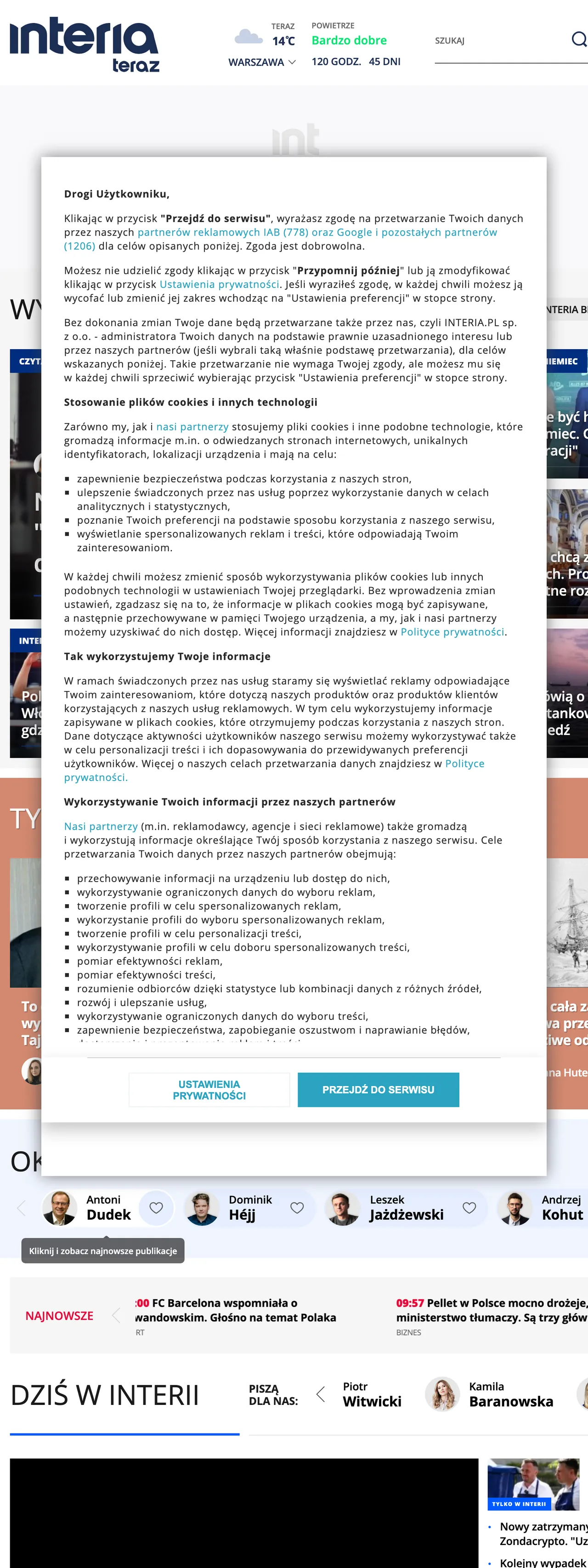 Screenshot of the Interia front page