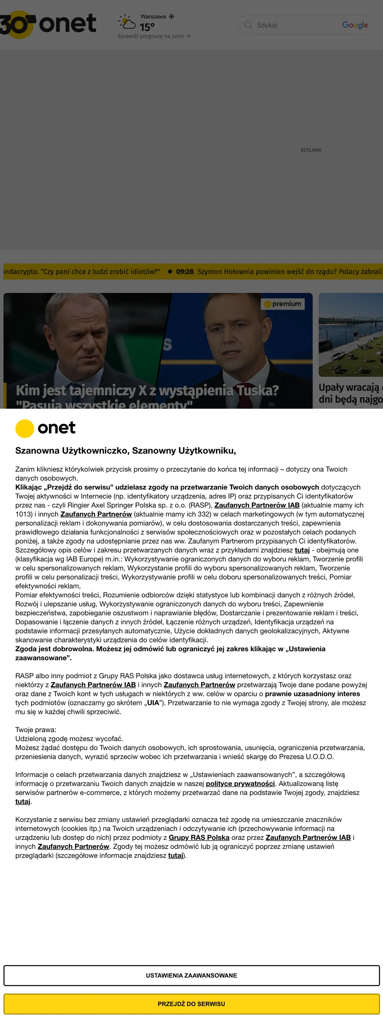 Screenshot of the Onet front page