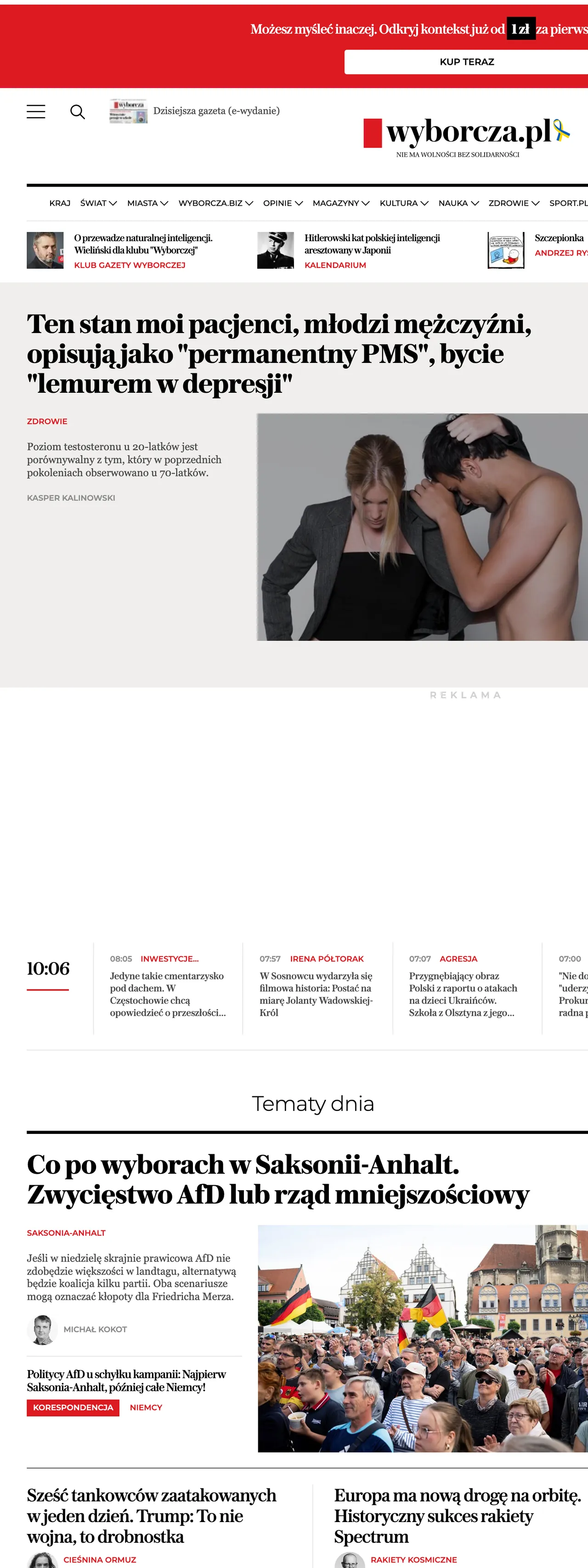 Screenshot of the Wyborcza front page