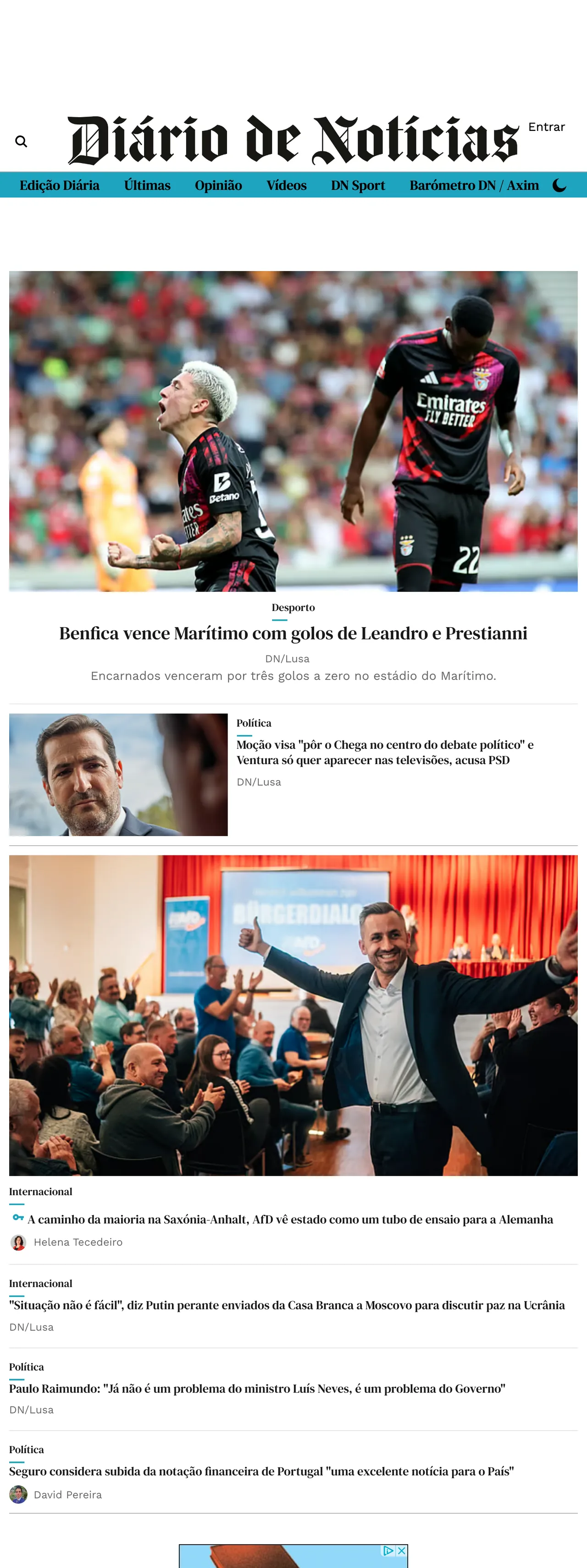 Screenshot of the Diário de Notícias front page