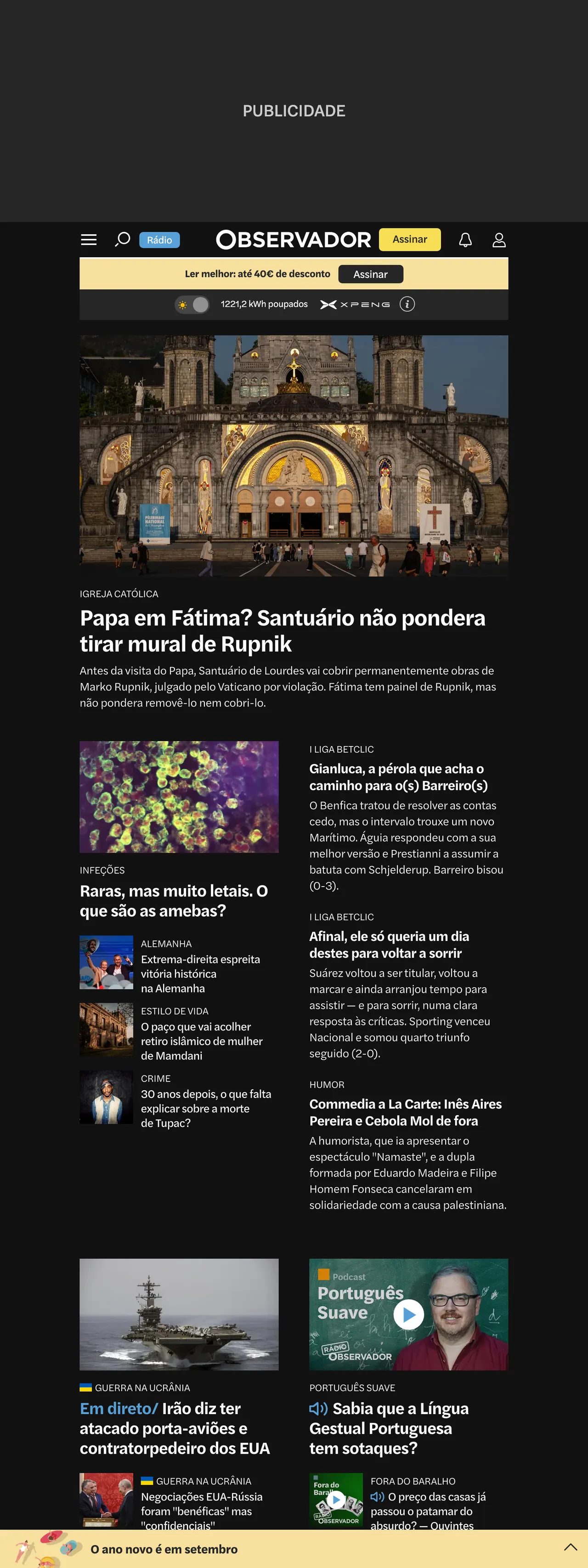 Screenshot of the Observador front page