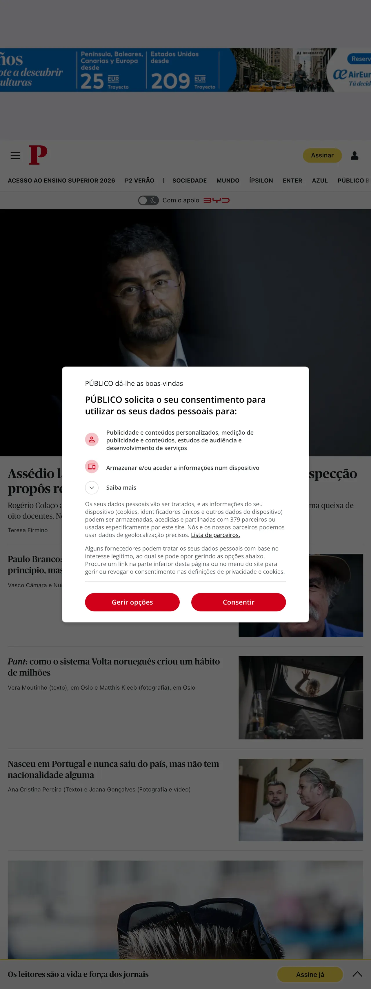 Screenshot of the Público front page