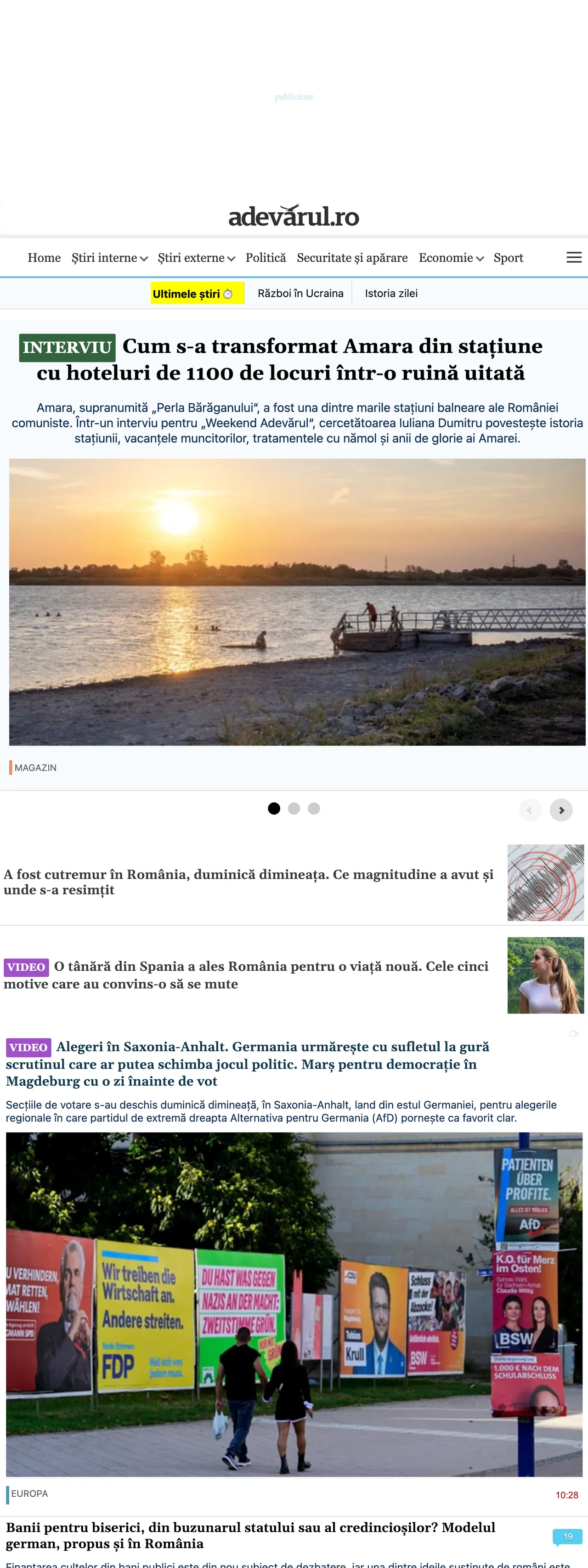 Screenshot of the Adevărul front page