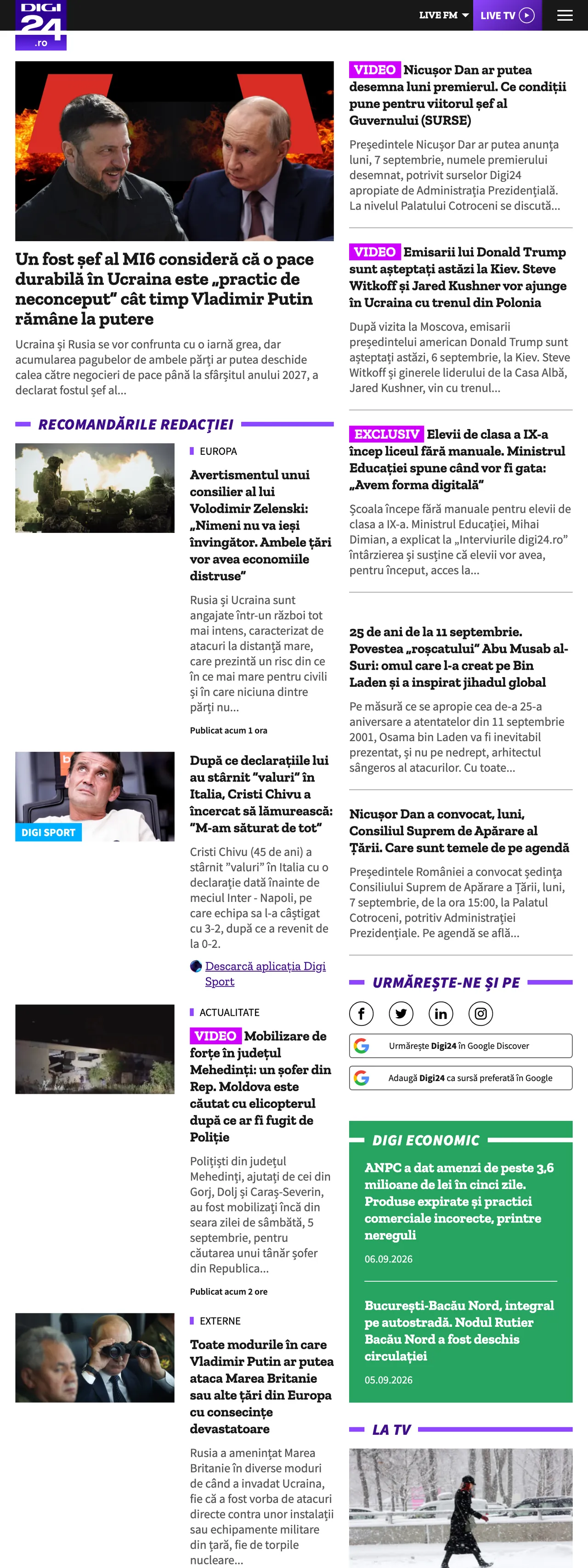 Screenshot of the Digi24 front page