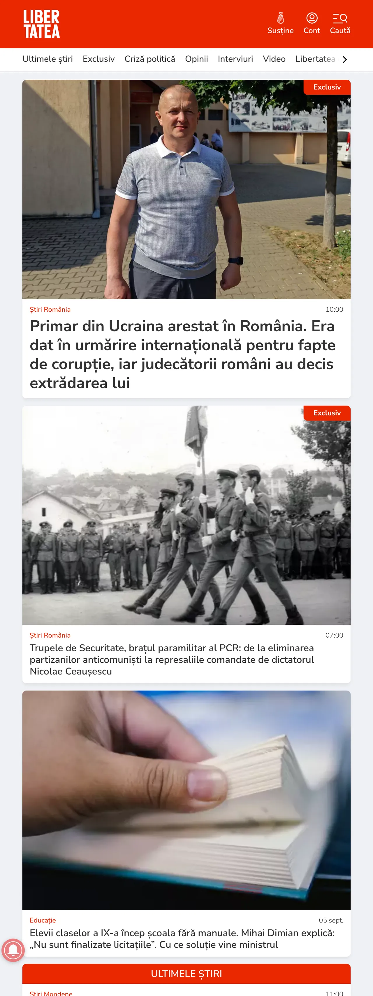 Screenshot of the Libertatea front page