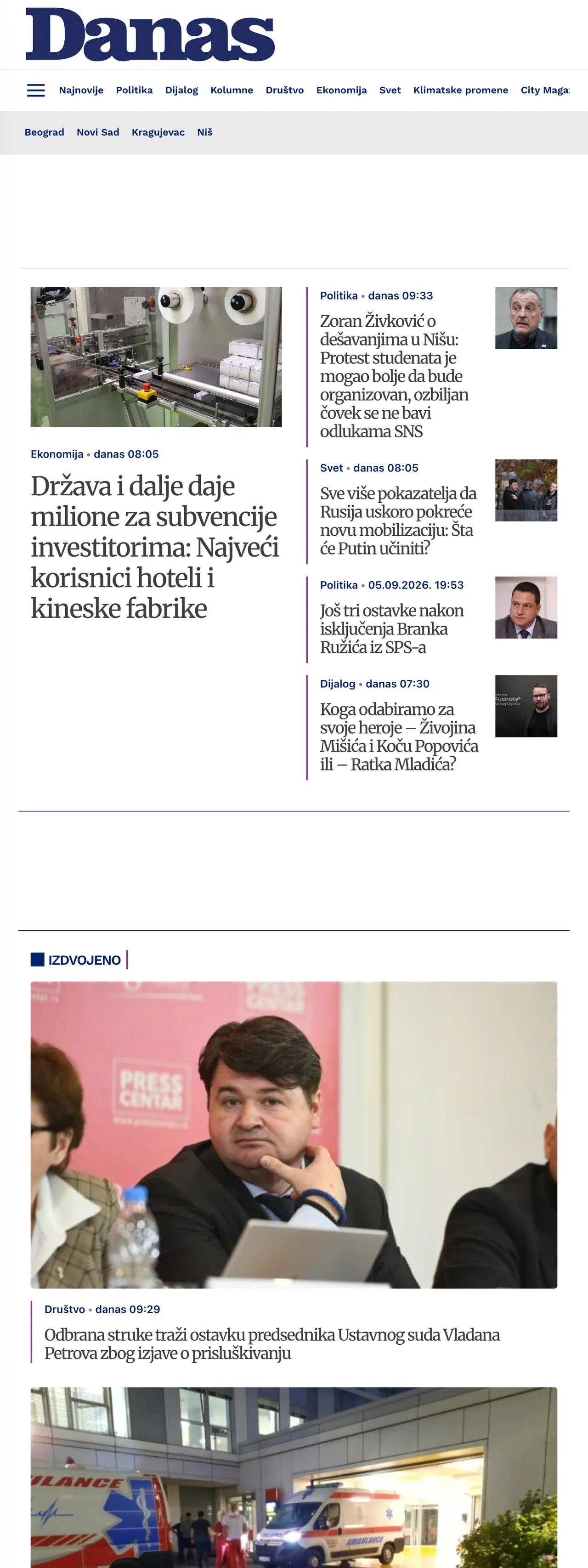 Screenshot of the Danas front page