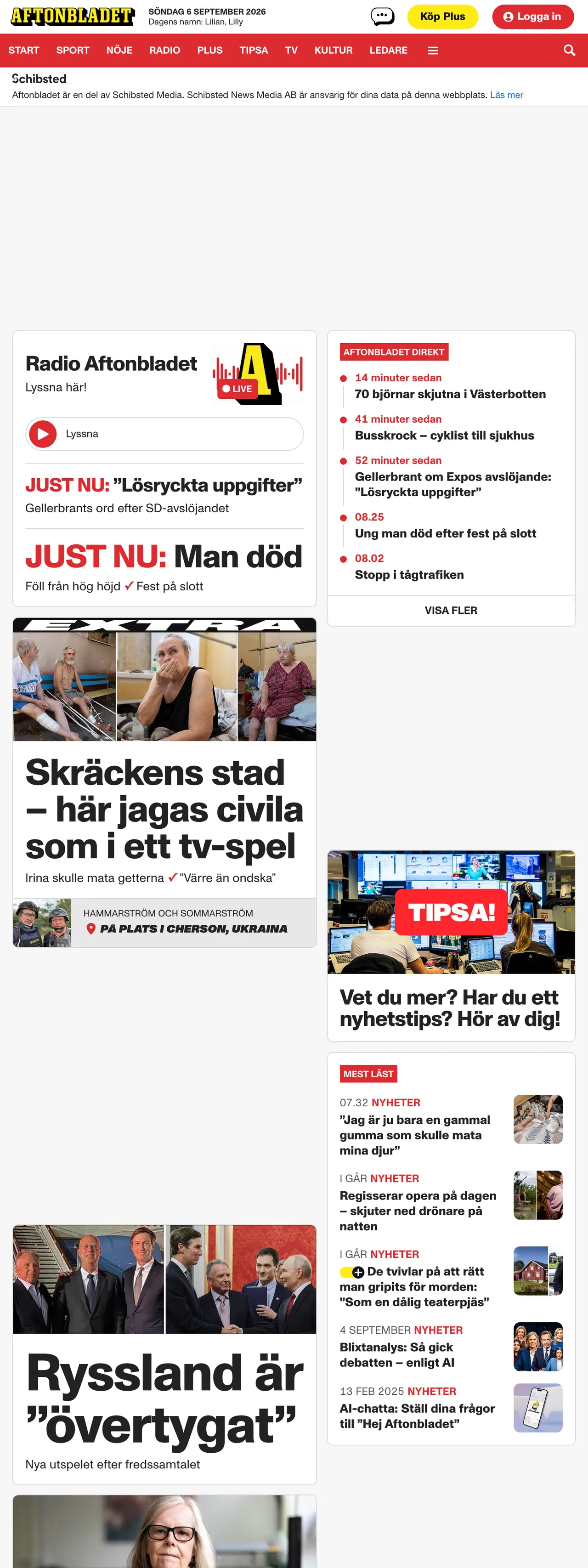 Screenshot of the Aftonbladet front page
