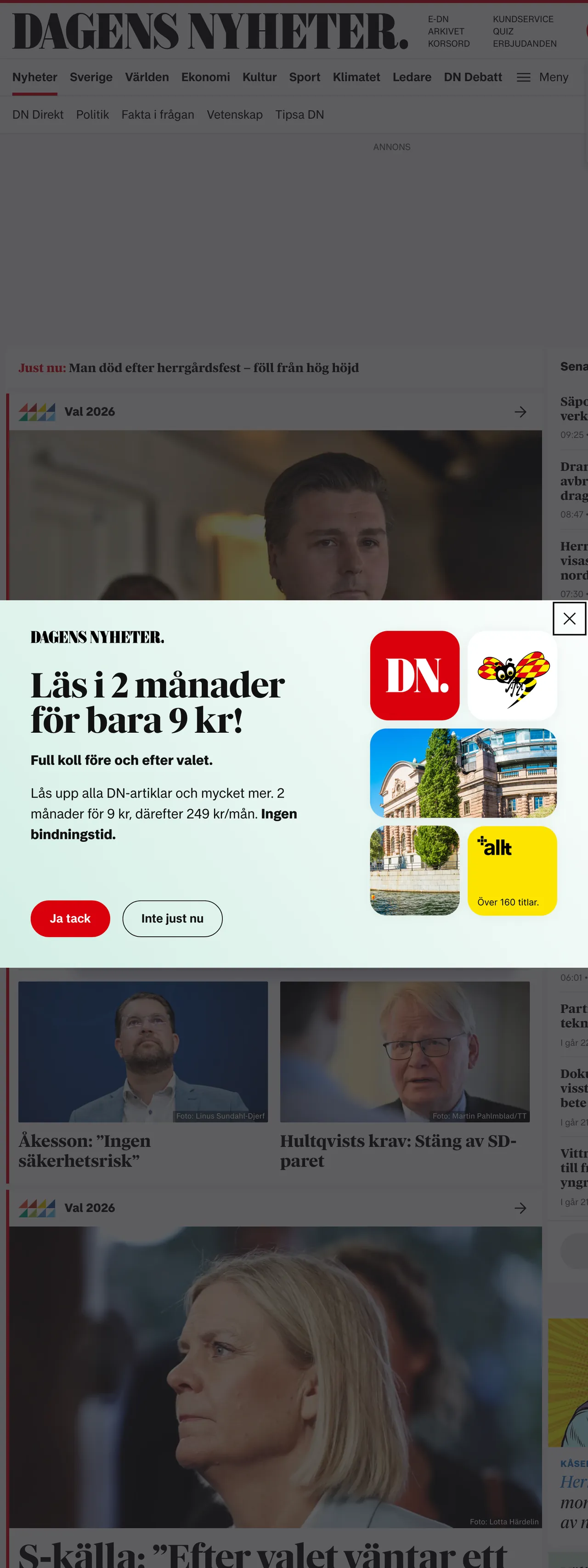 Screenshot of the Dagens Nyheter front page