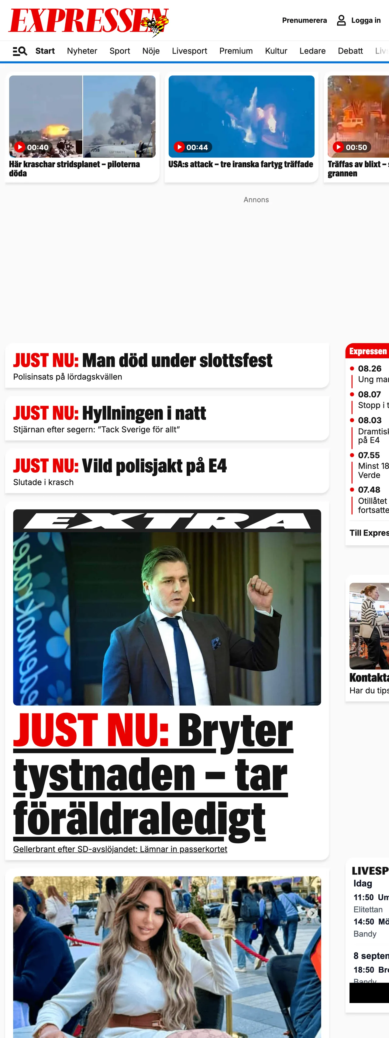 Screenshot of the Expressen front page