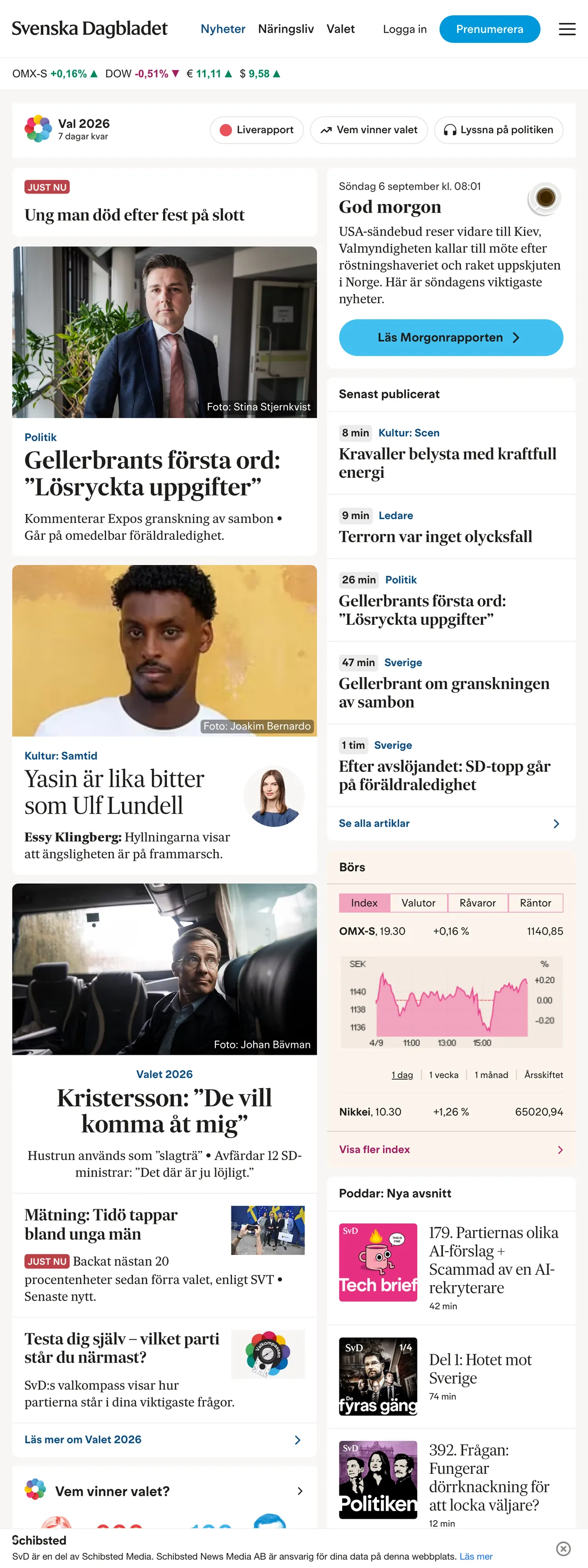 Screenshot of the Svenska Dagbladet front page