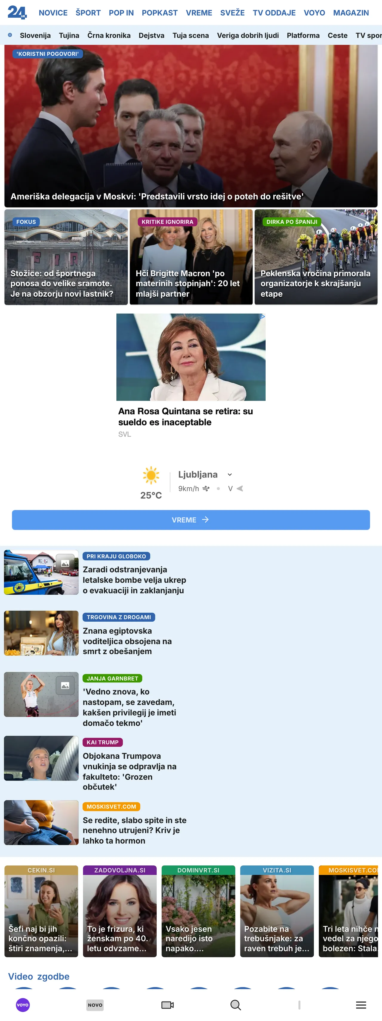 Screenshot of the 24ur front page
