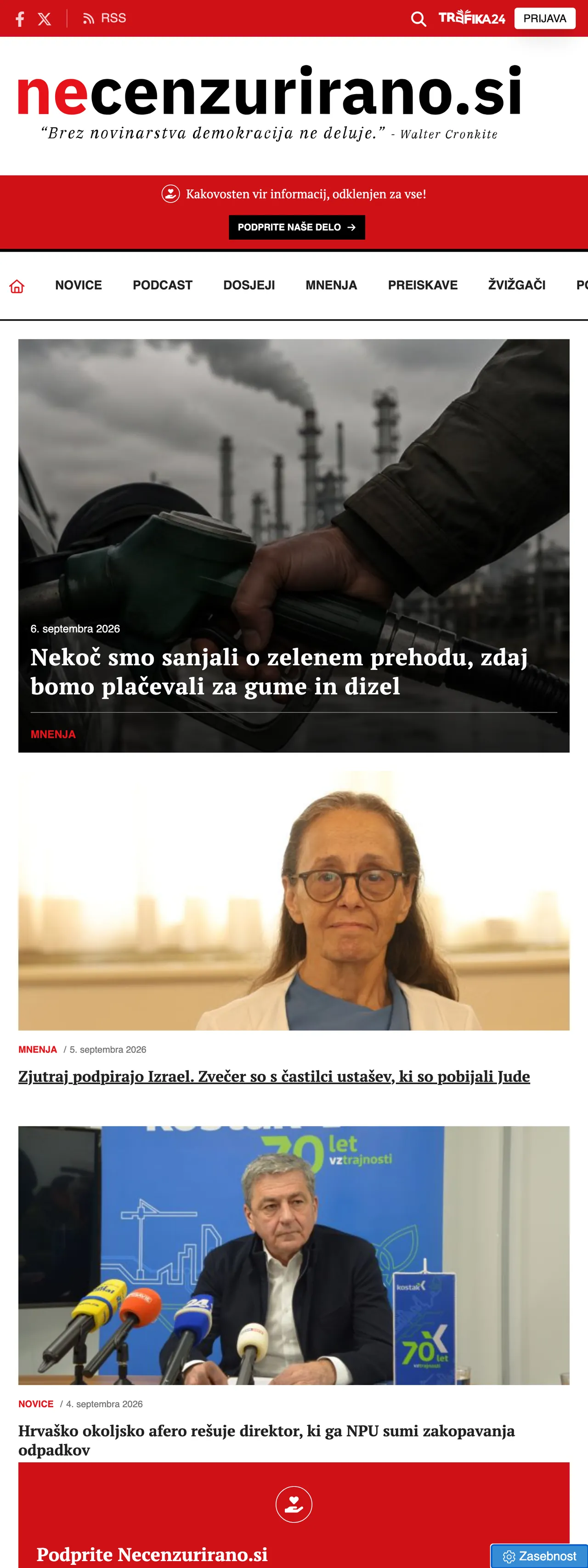 Screenshot of the Necenzurirano front page