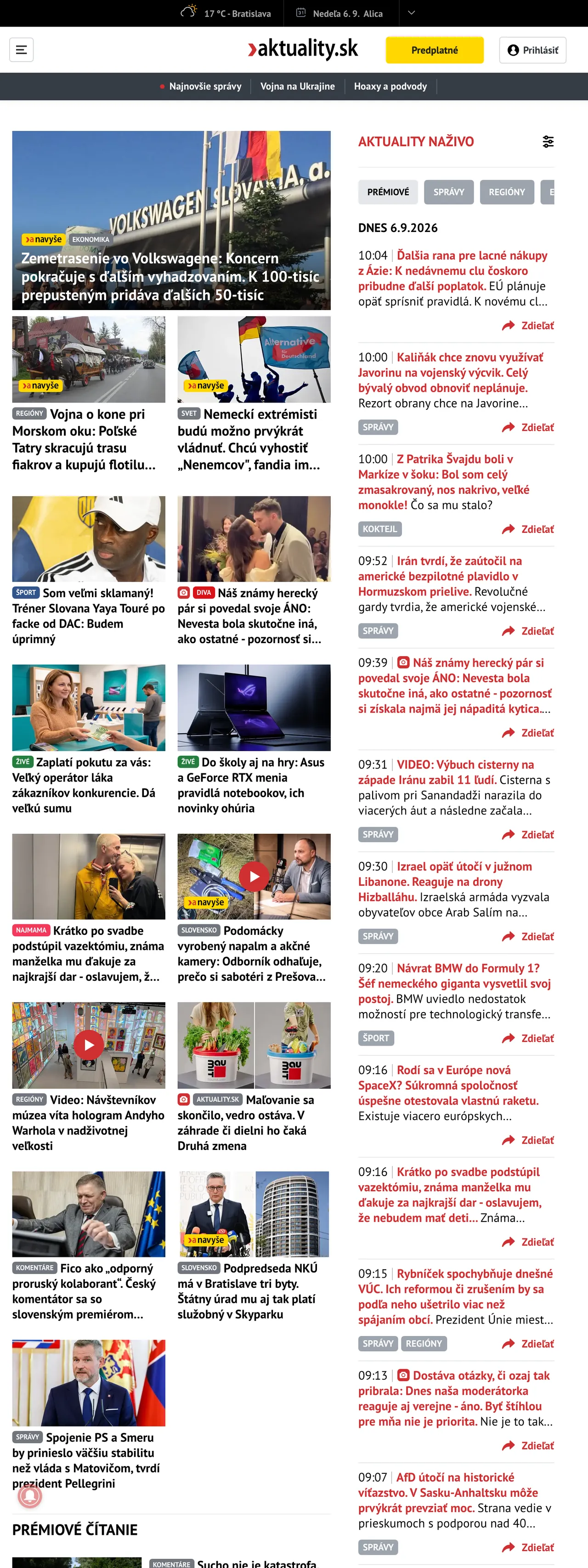 Screenshot of the Aktuality.sk front page