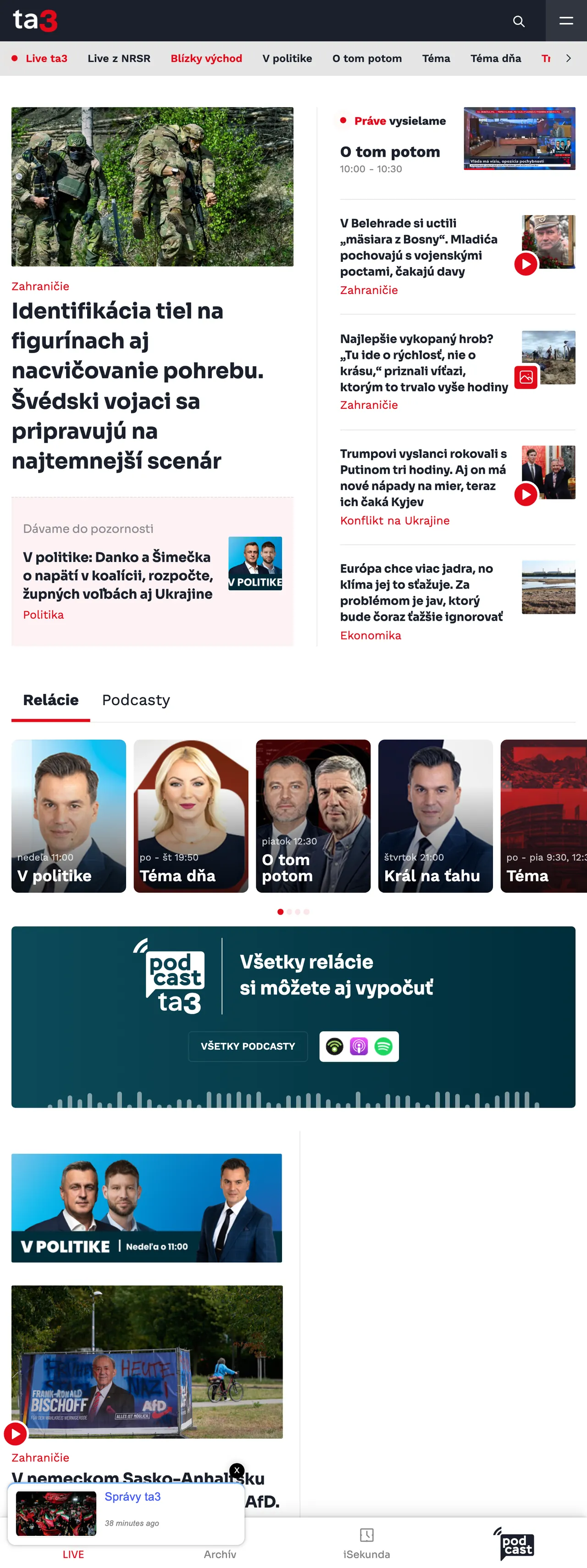 Screenshot of the TA3 front page