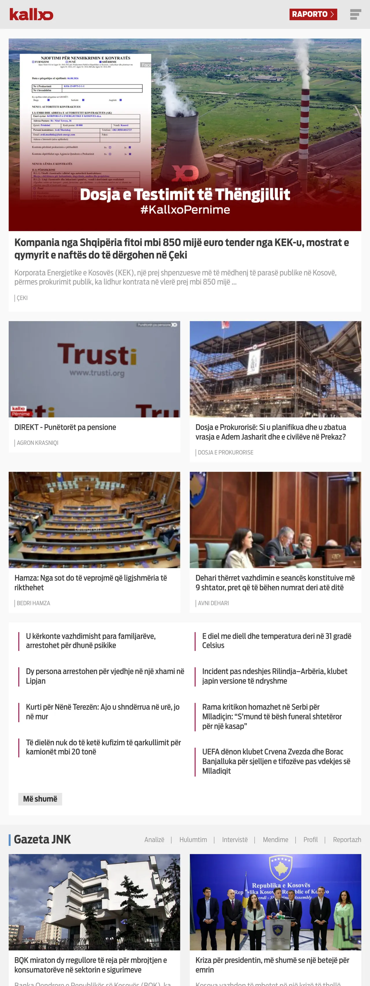 Screenshot of the Kallxo front page