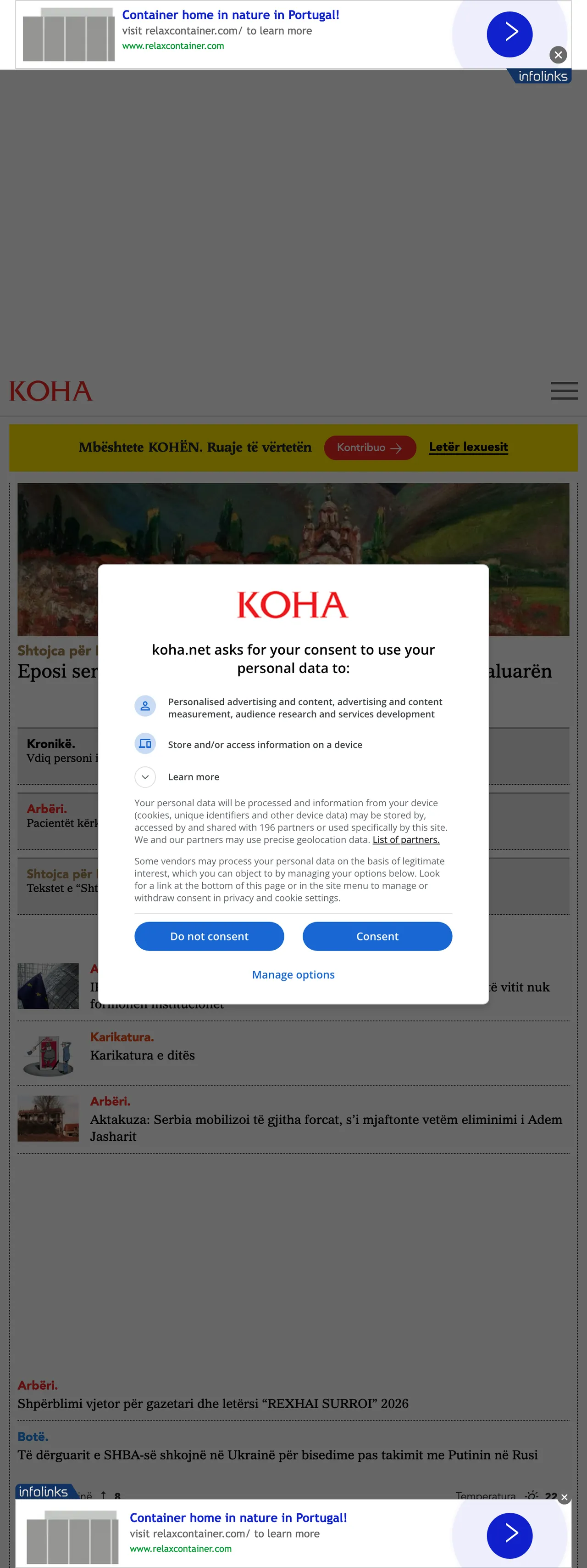 Screenshot of the Koha Ditore front page