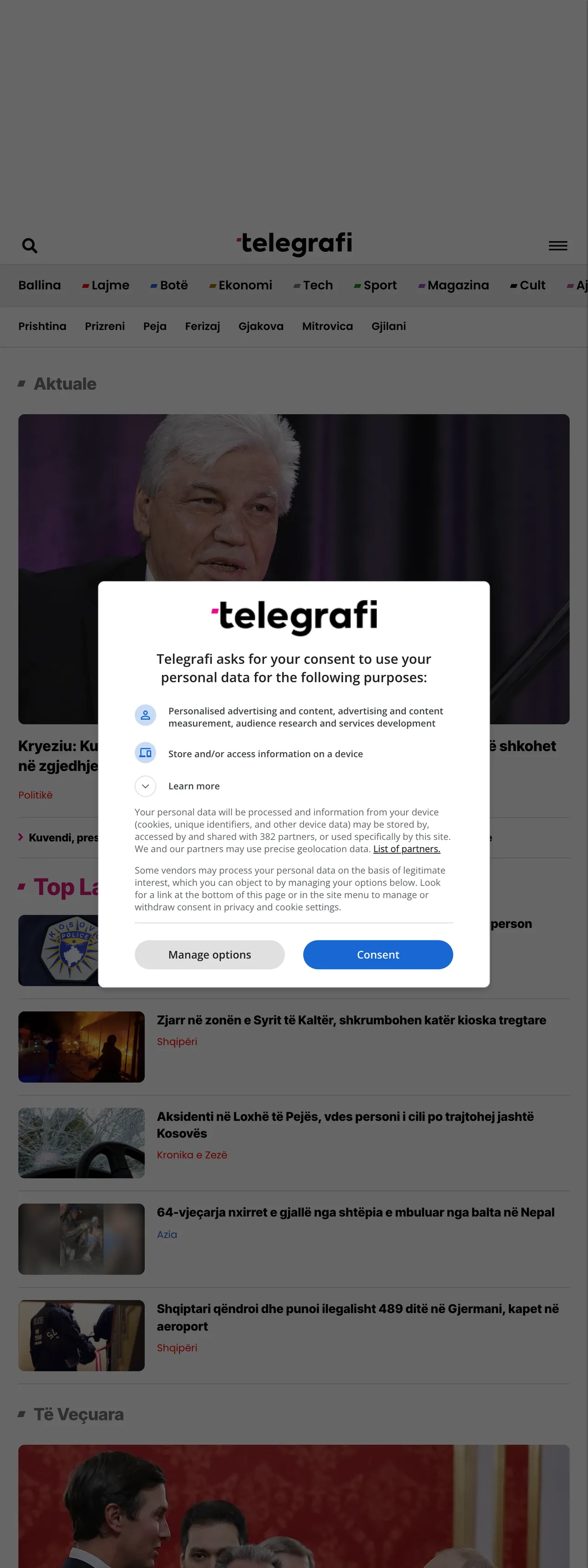 Screenshot of the Telegrafi front page