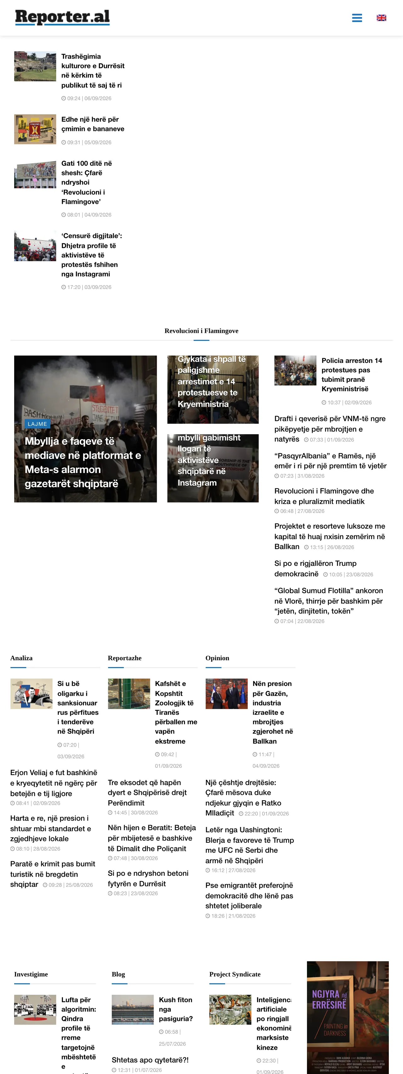 Screenshot of the Reporter.al front page