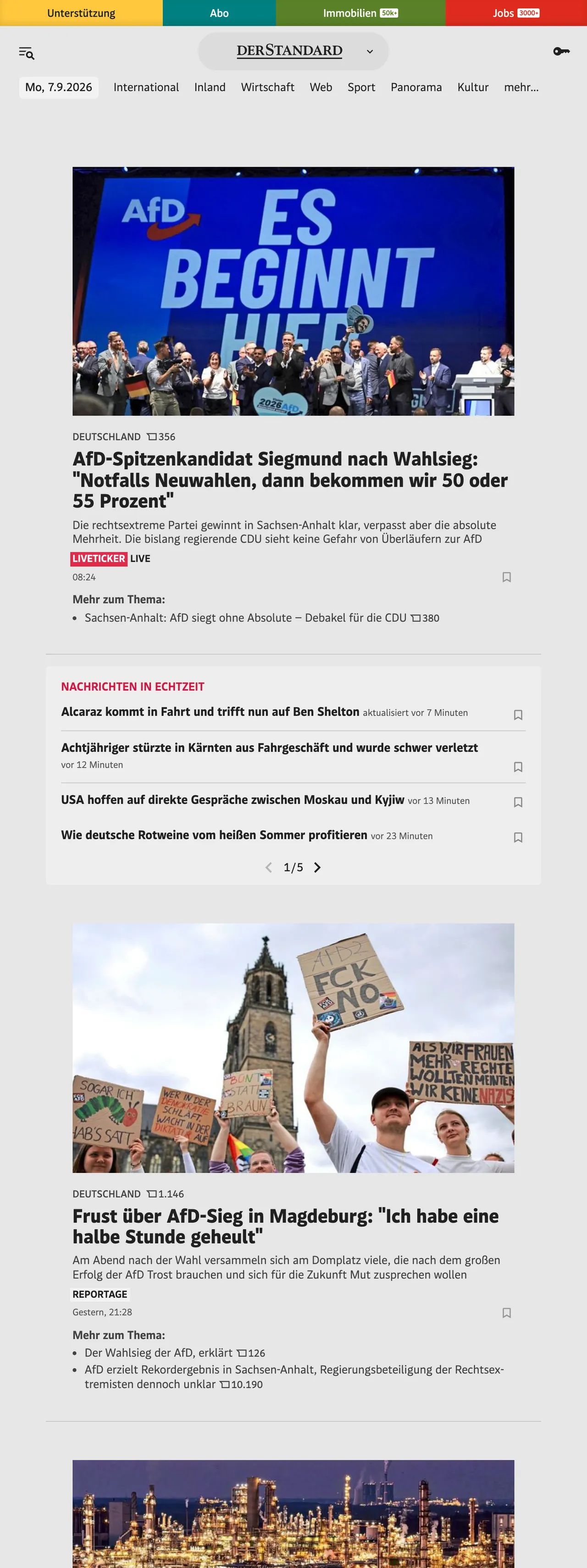 Screenshot of the DER STANDARD front page