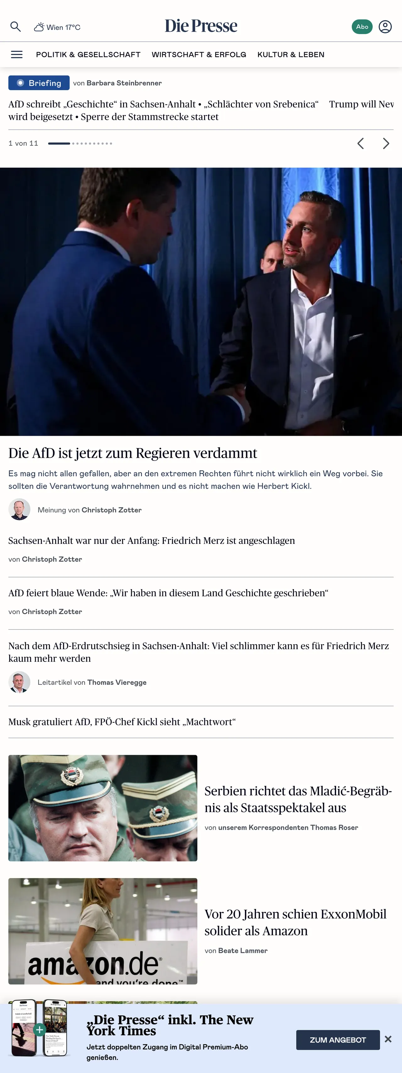 Screenshot of the Die Presse front page