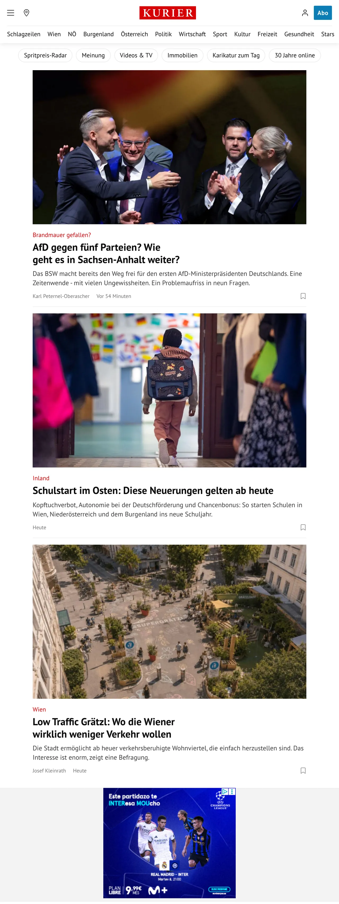 Screenshot of the Kurier front page