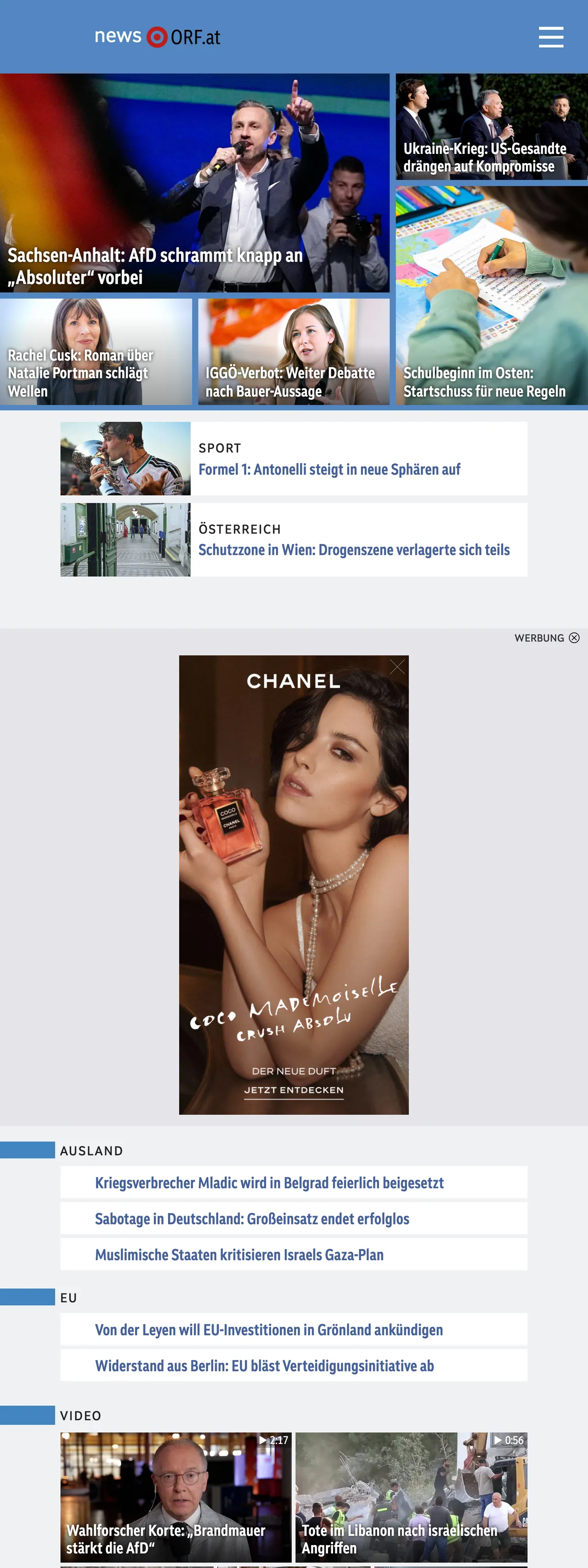 Screenshot of the ORF front page