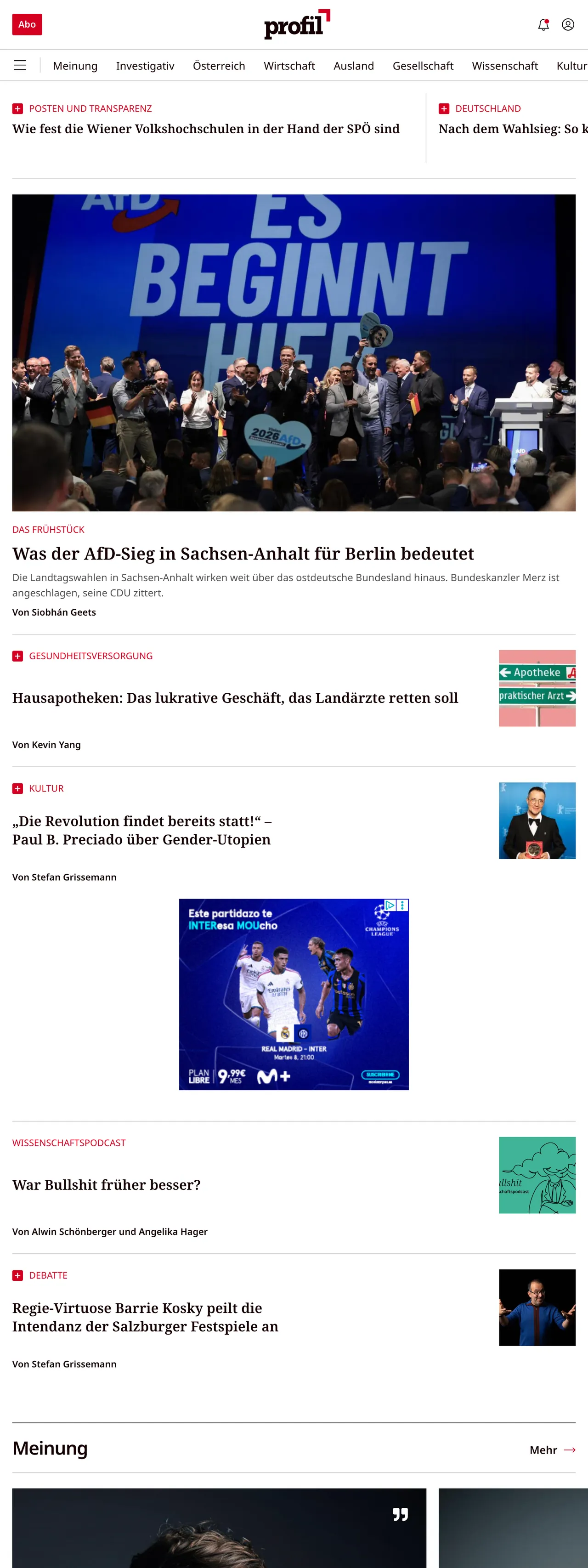 Screenshot of the profil front page