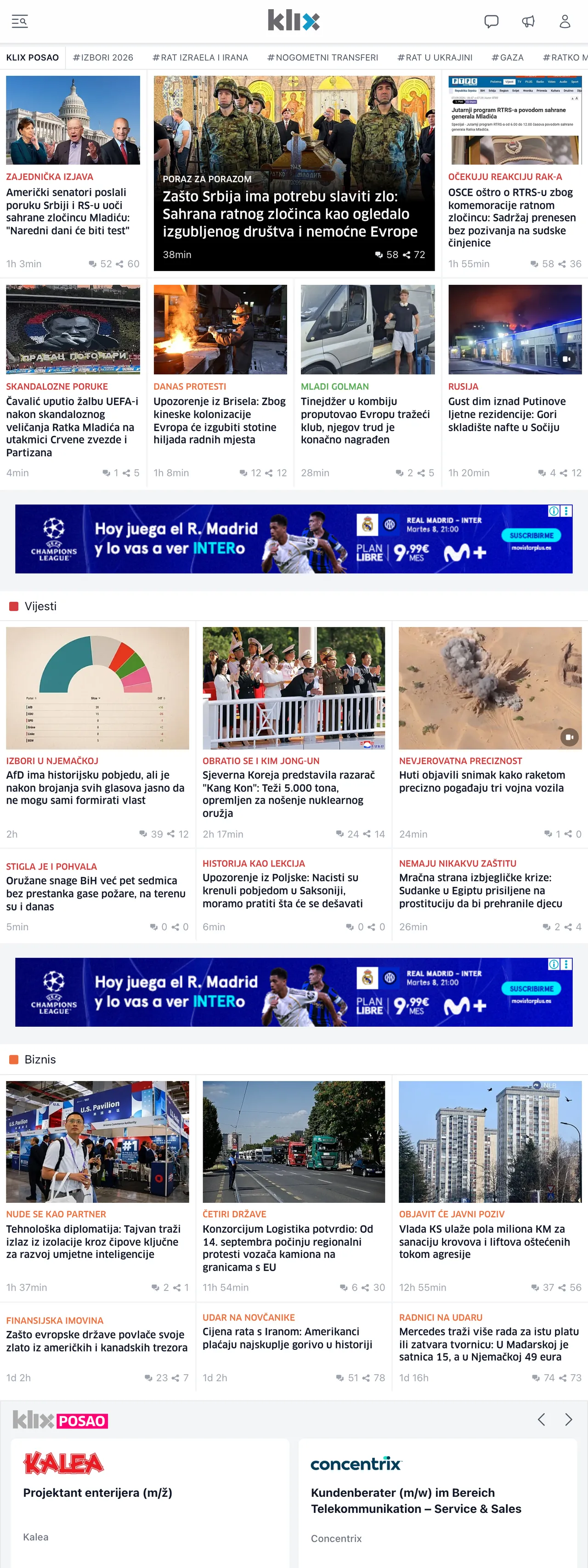 Screenshot of the Klix.ba front page